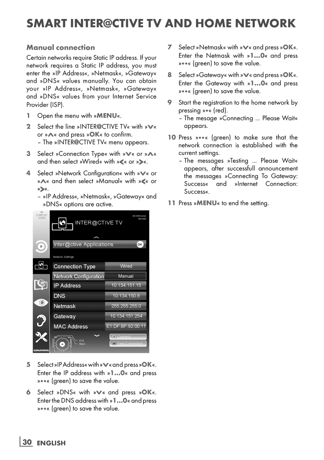 Grundig 32 VLD 8130 SL manual Manual connection, »DNS« options are active, ­30 English 