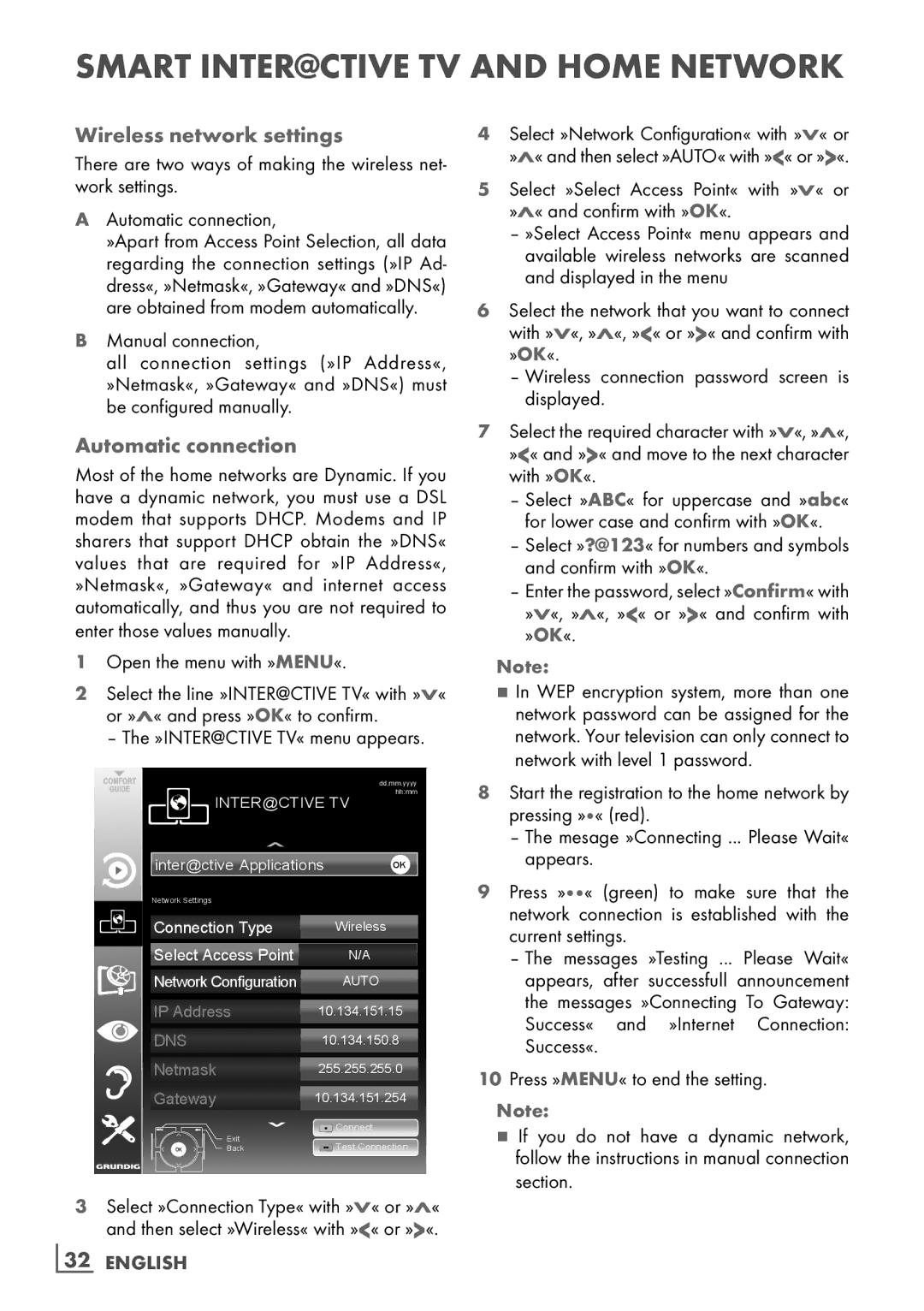 Grundig 32 VLD 8130 SL manual Wireless network settings, Automatic connection, ­32 English 