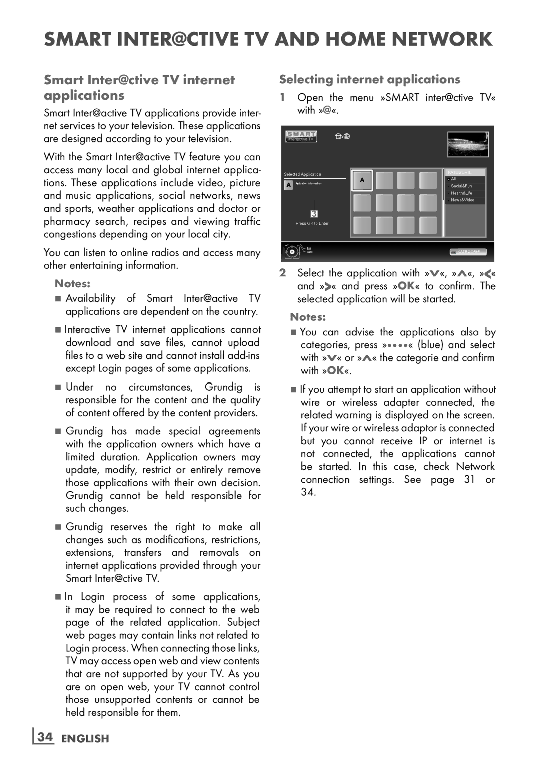 Grundig 32 VLD 8130 SL manual Smart Inter@ctive TV internet applications, Selecting internet applications, English 