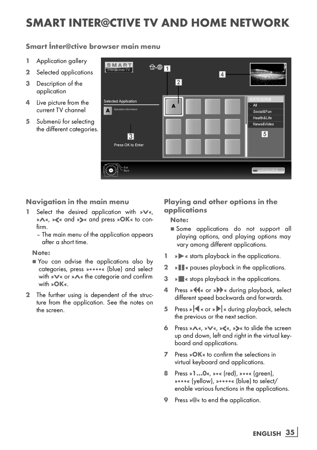 Grundig 32 VLD 8130 SL Smart İnter@ctive browser main menu, Navigation in the main menu, Press »@« to end the application 