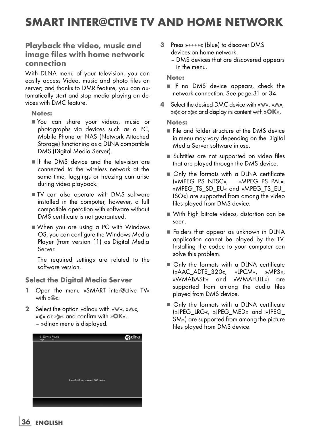 Grundig 32 VLD 8130 SL manual Select the Digital Media Server, »dlna« menu is displayed, ­36 English 