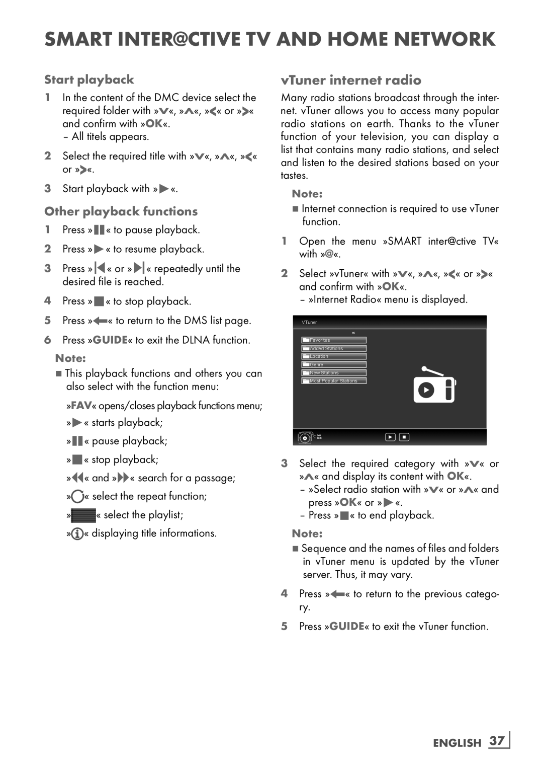 Grundig 32 VLD 8130 SL manual VTuner internet radio, Start playback, Other playback functions, English ­37 