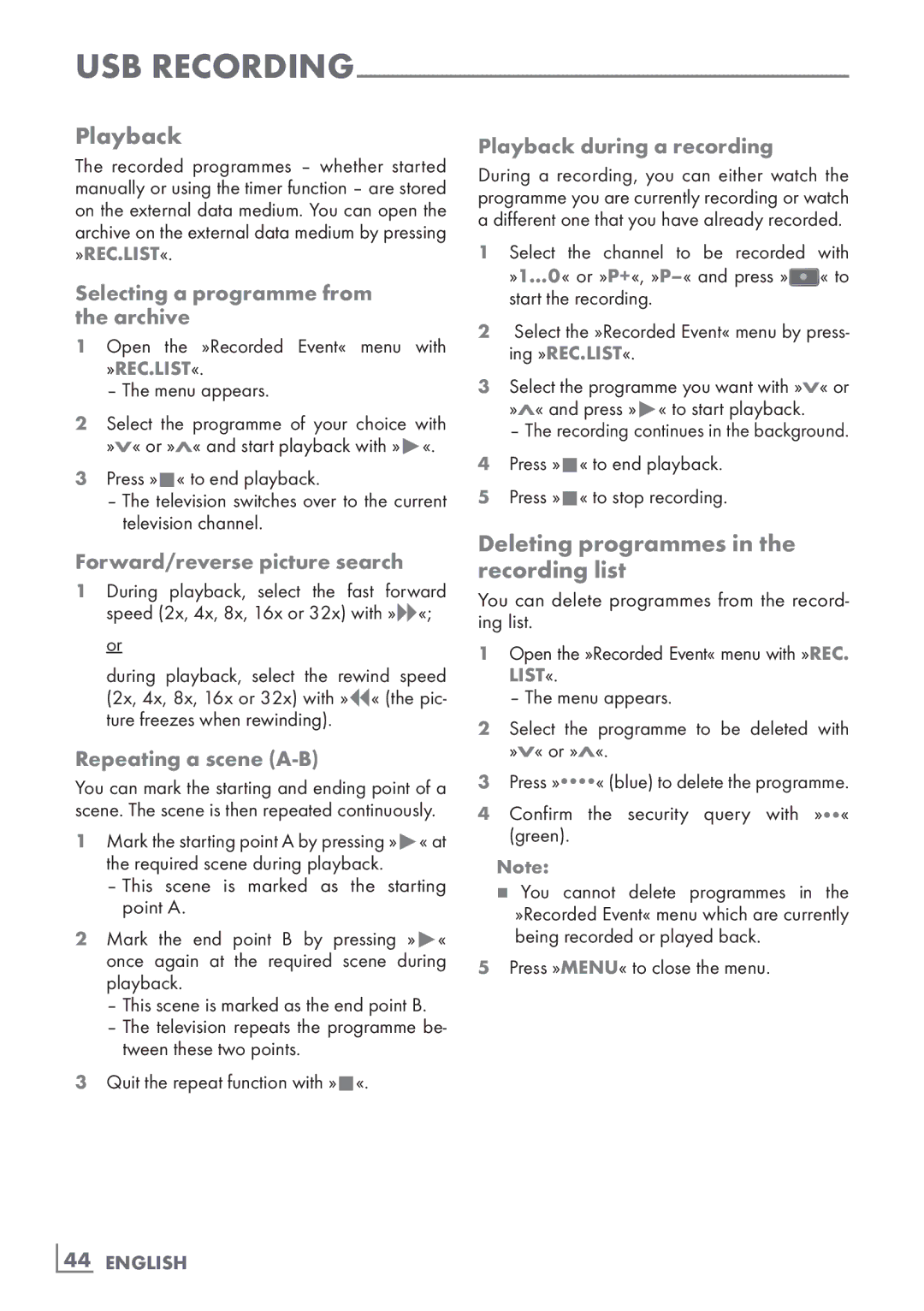 Grundig 32 VLD 8130 SL manual Playback, Deleting programmes in the recording list 