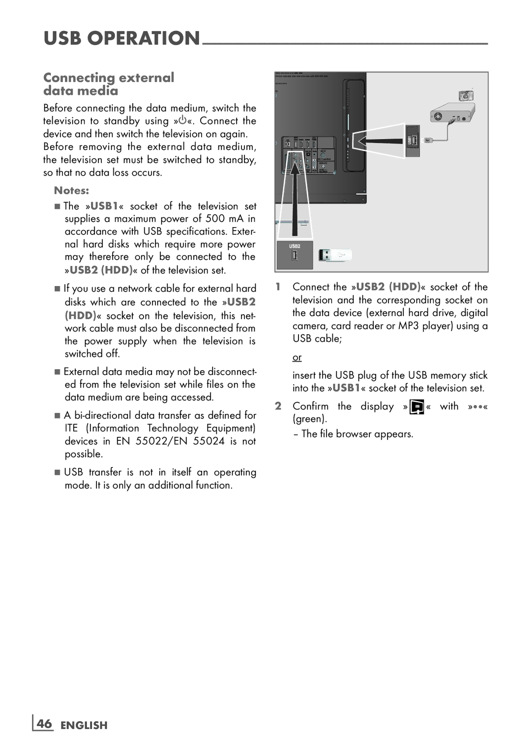 Grundig 32 VLD 8130 SL manual Connecting external ­ data media, »USB1« socket of the television set, ­46 English 