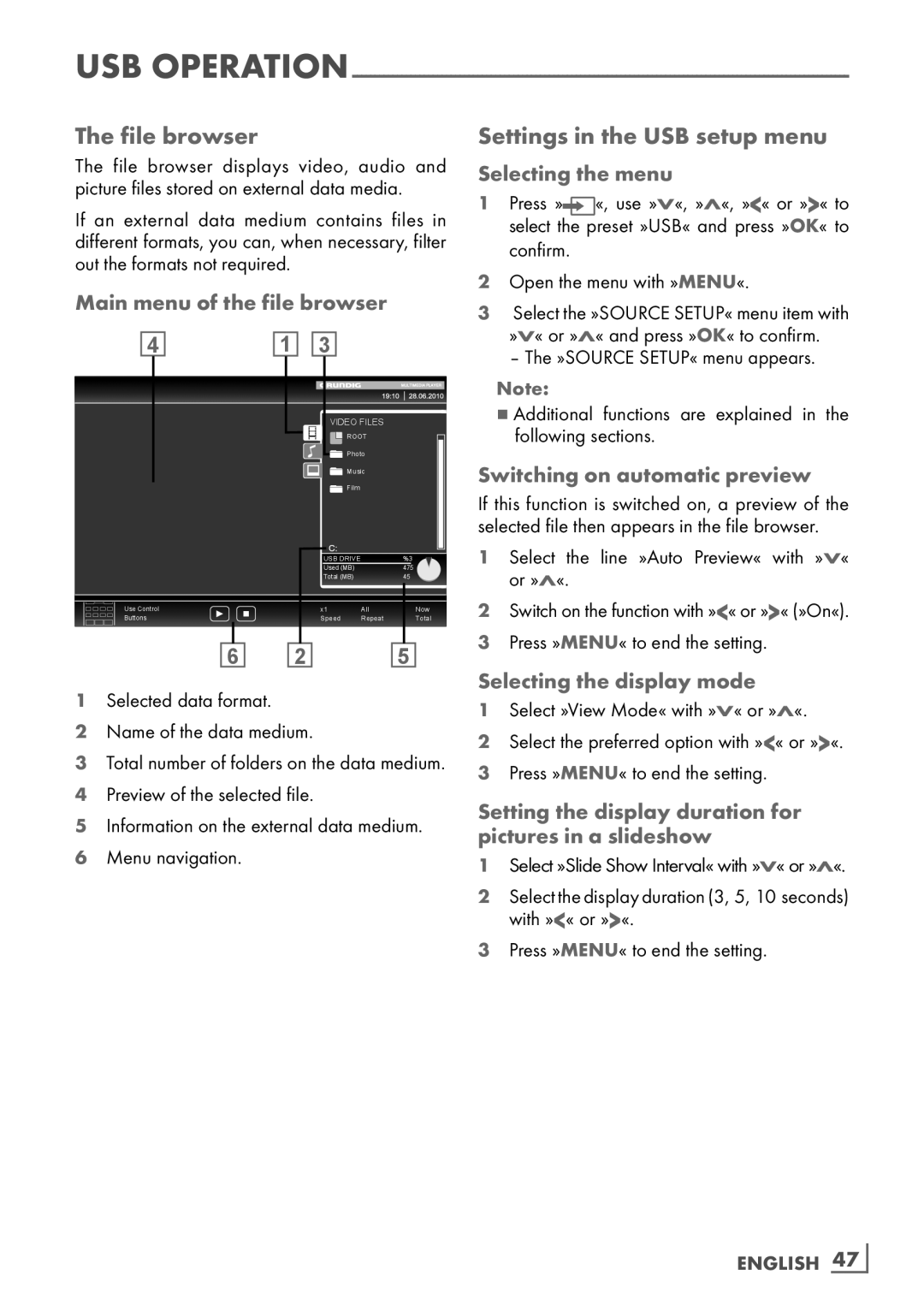 Grundig 32 VLD 8130 SL manual File browser, Settings in the USB setup menu, Main menu of the file browser 