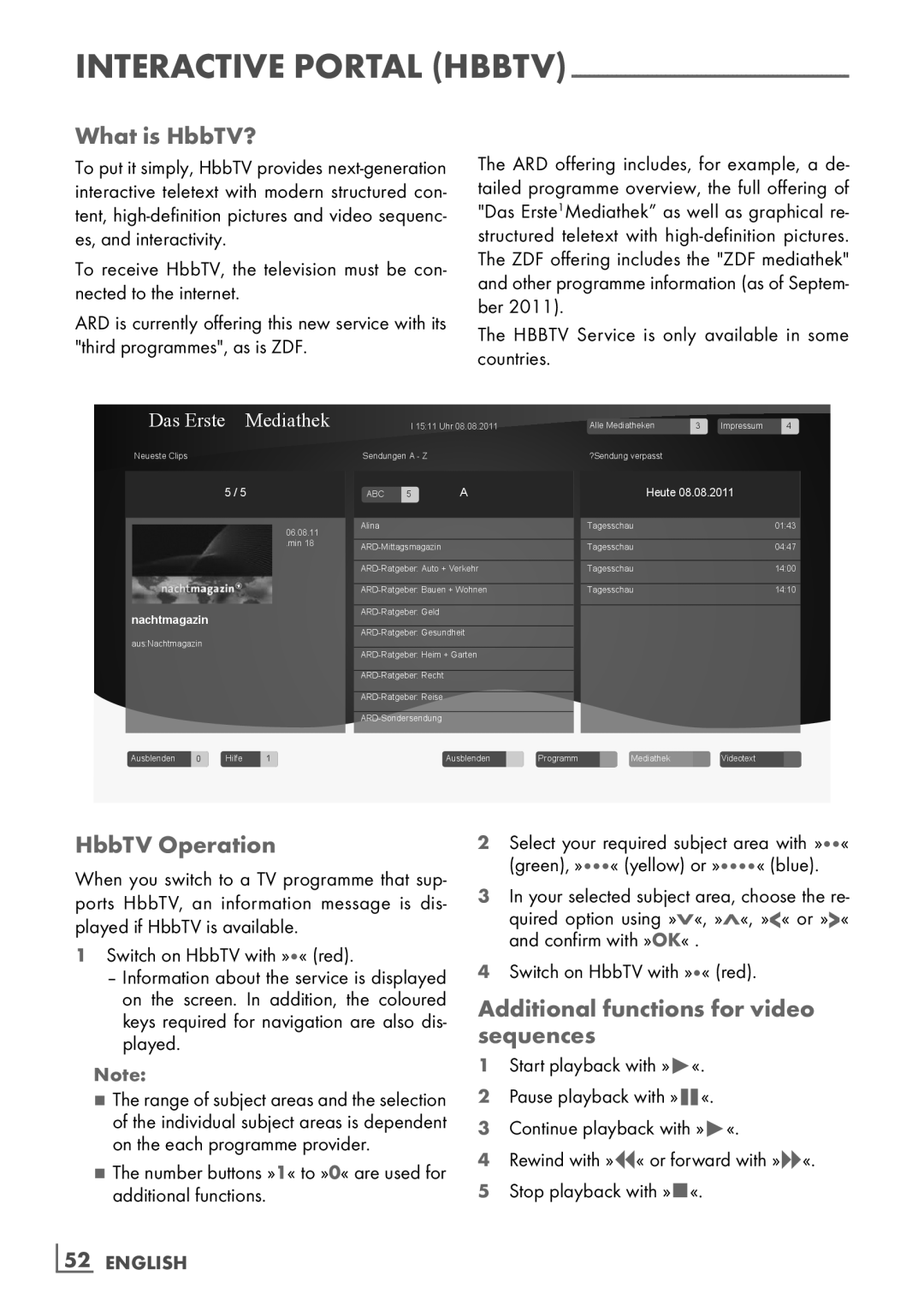 Grundig 32 VLD 8130 SL manual What is HbbTV?, HbbTV Operation, Additional functions for video sequences, ­52 English 