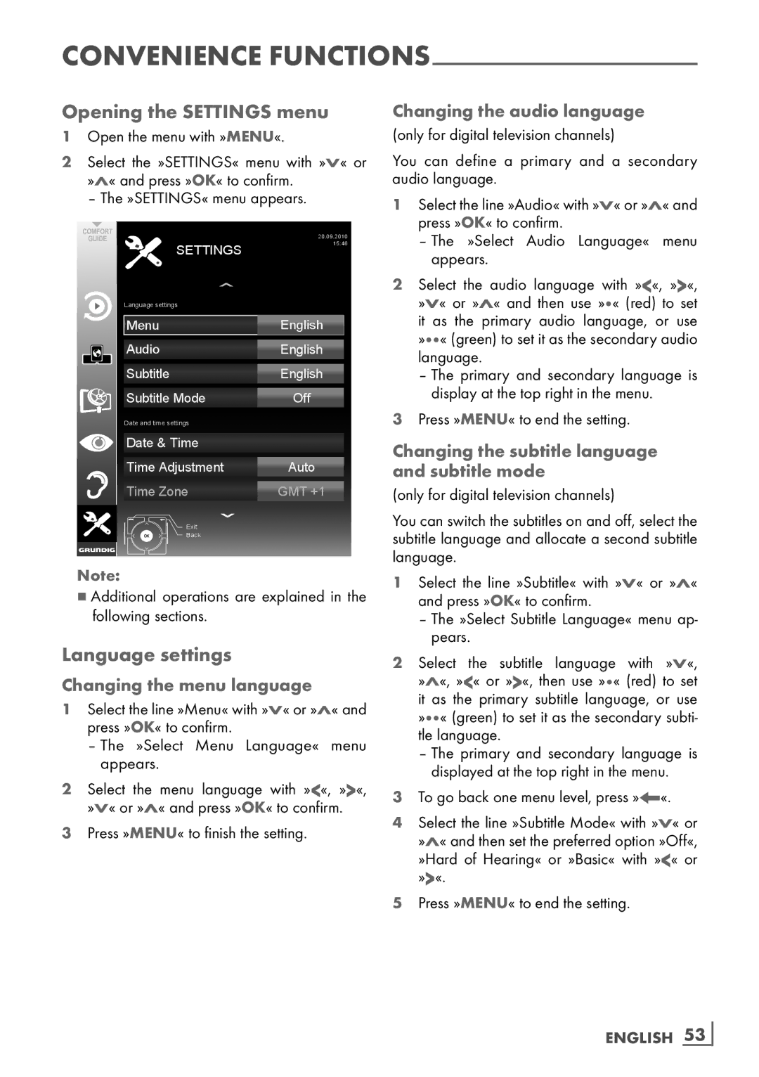 Grundig 32 VLD 8130 SL manual Opening the Settings menu, Language settings 