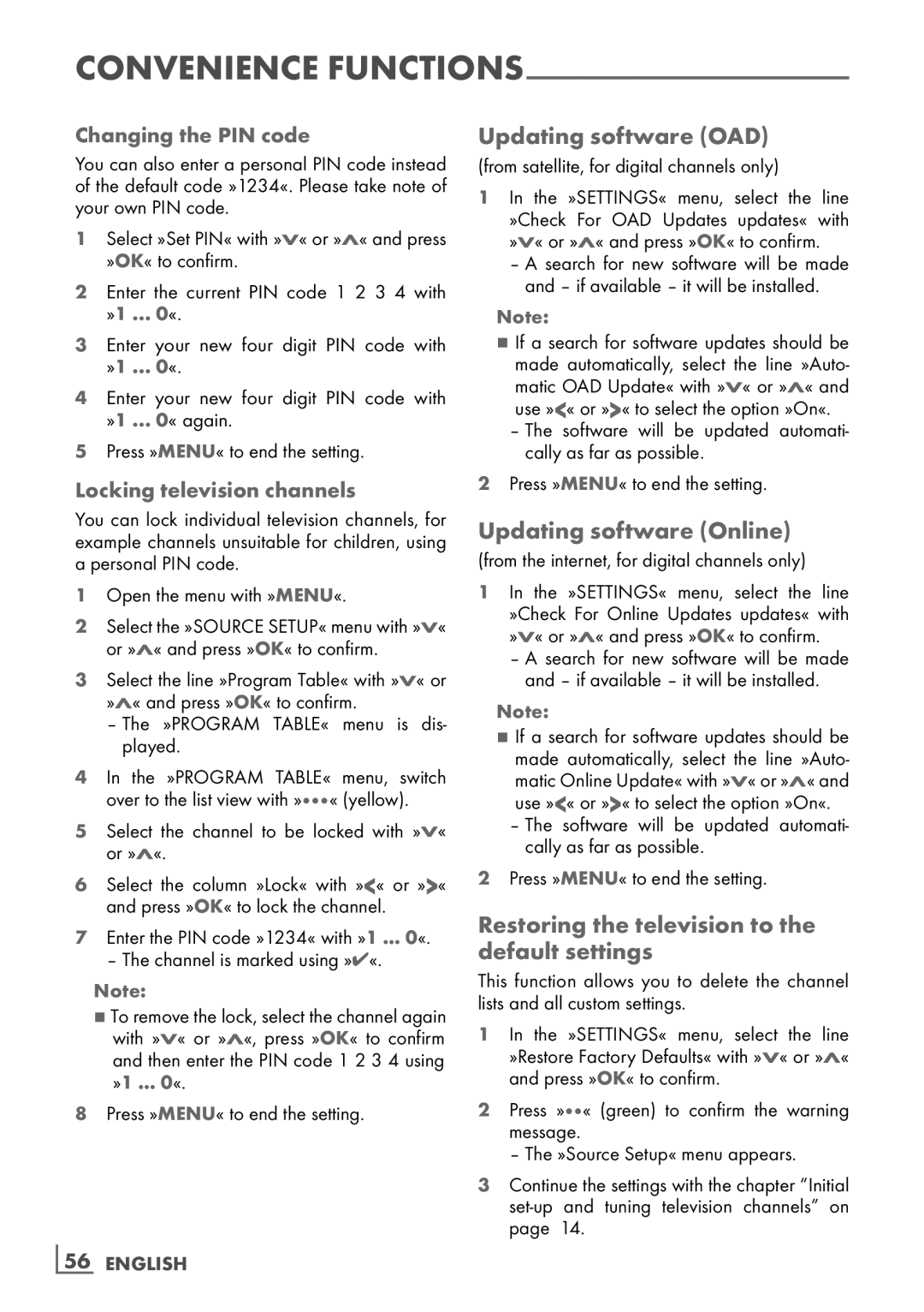Grundig 32 VLD 8130 SL Updating software OAD, Updating software Online, Restoring the television to the default settings 