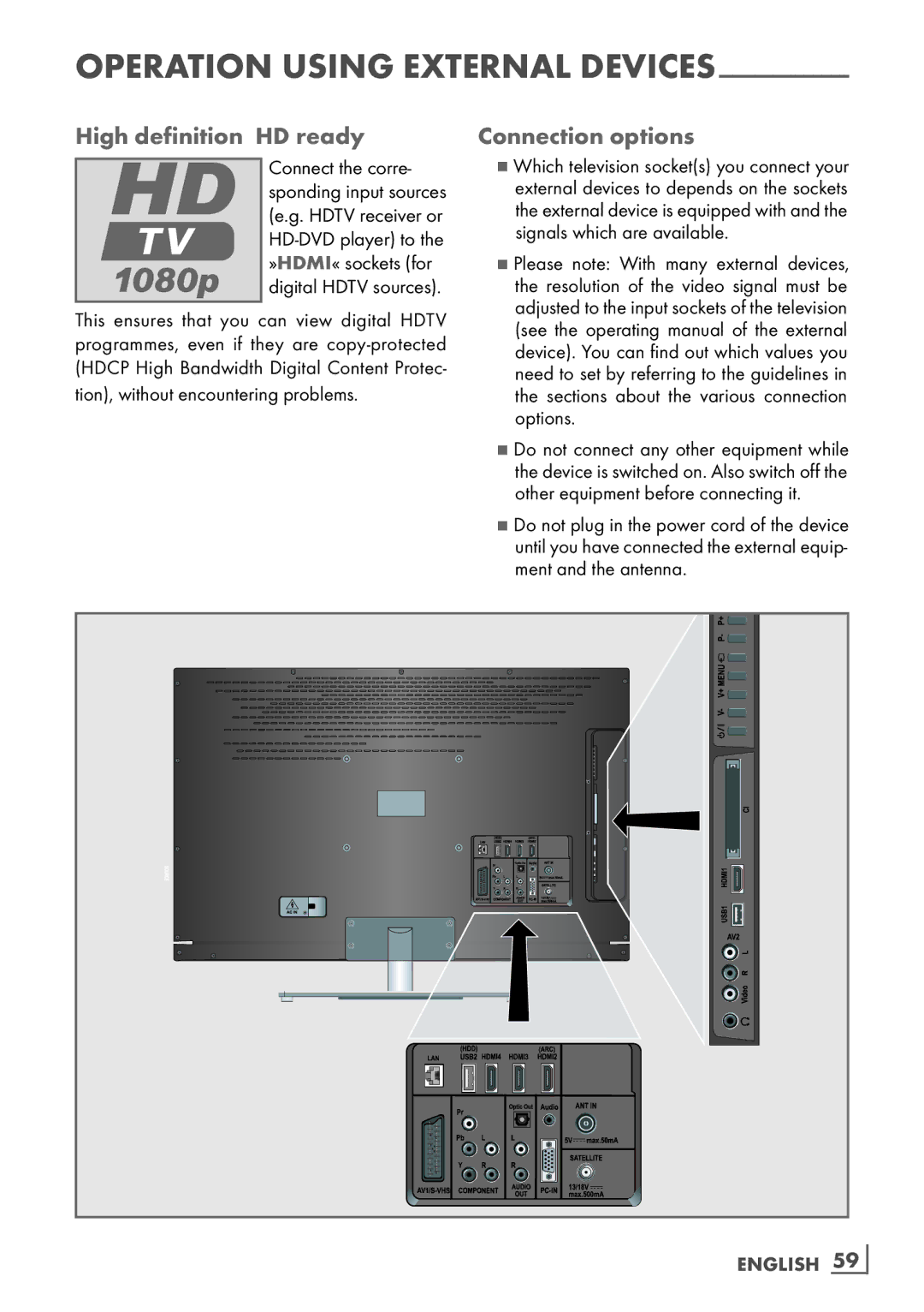 Grundig 32 VLD 8130 SL manual High definition ­HD ready Connection options, English ­59 