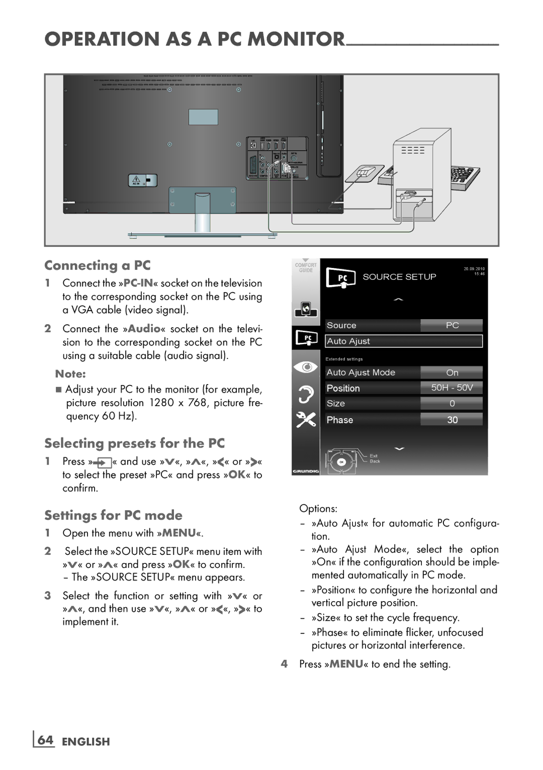 Grundig 32 VLD 8130 SL manual Connecting a PC, Selecting presets for the PC, Settings for PC mode, ­64 English 