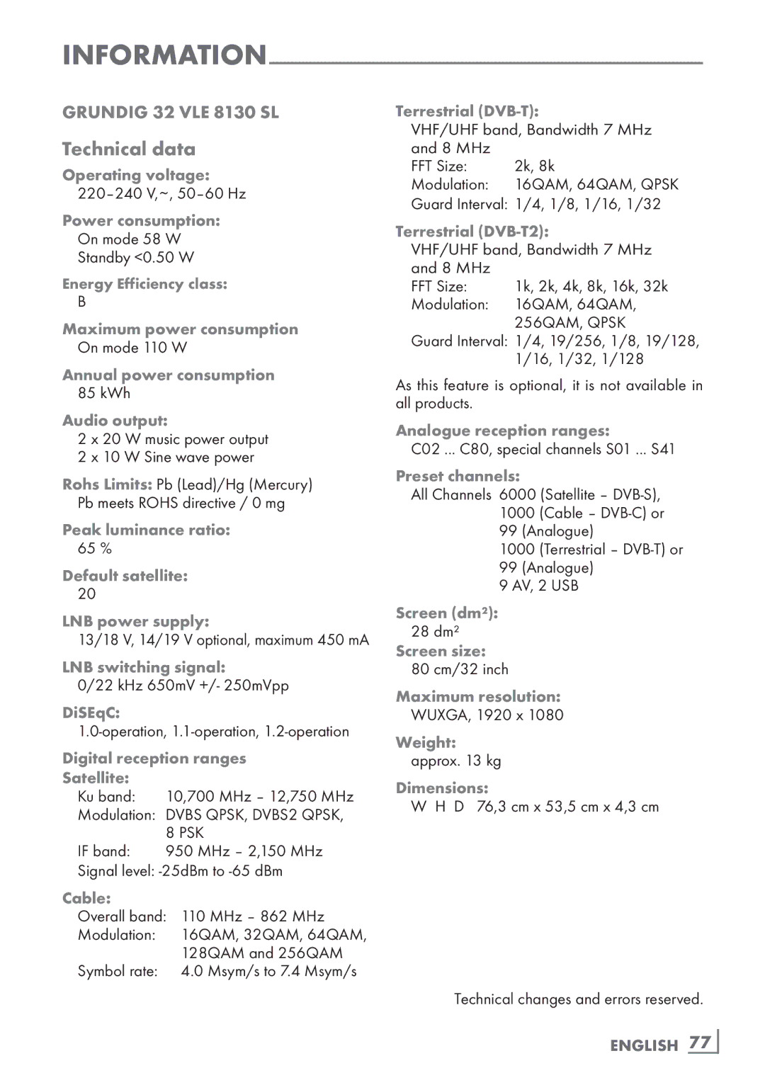 Grundig 32 VLD 8130 SL manual Technical data, English ­77 