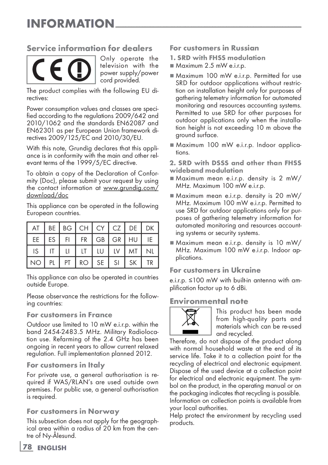 Grundig 32 VLD 8130 SL manual Service information for dealers, Environmental note 