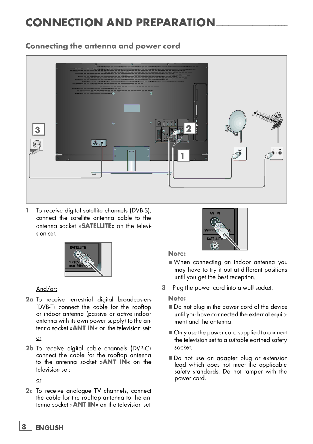 Grundig 32 VLD 8130 SL manual Connecting the antenna and power cord, Connection and preparation, ­8 English 