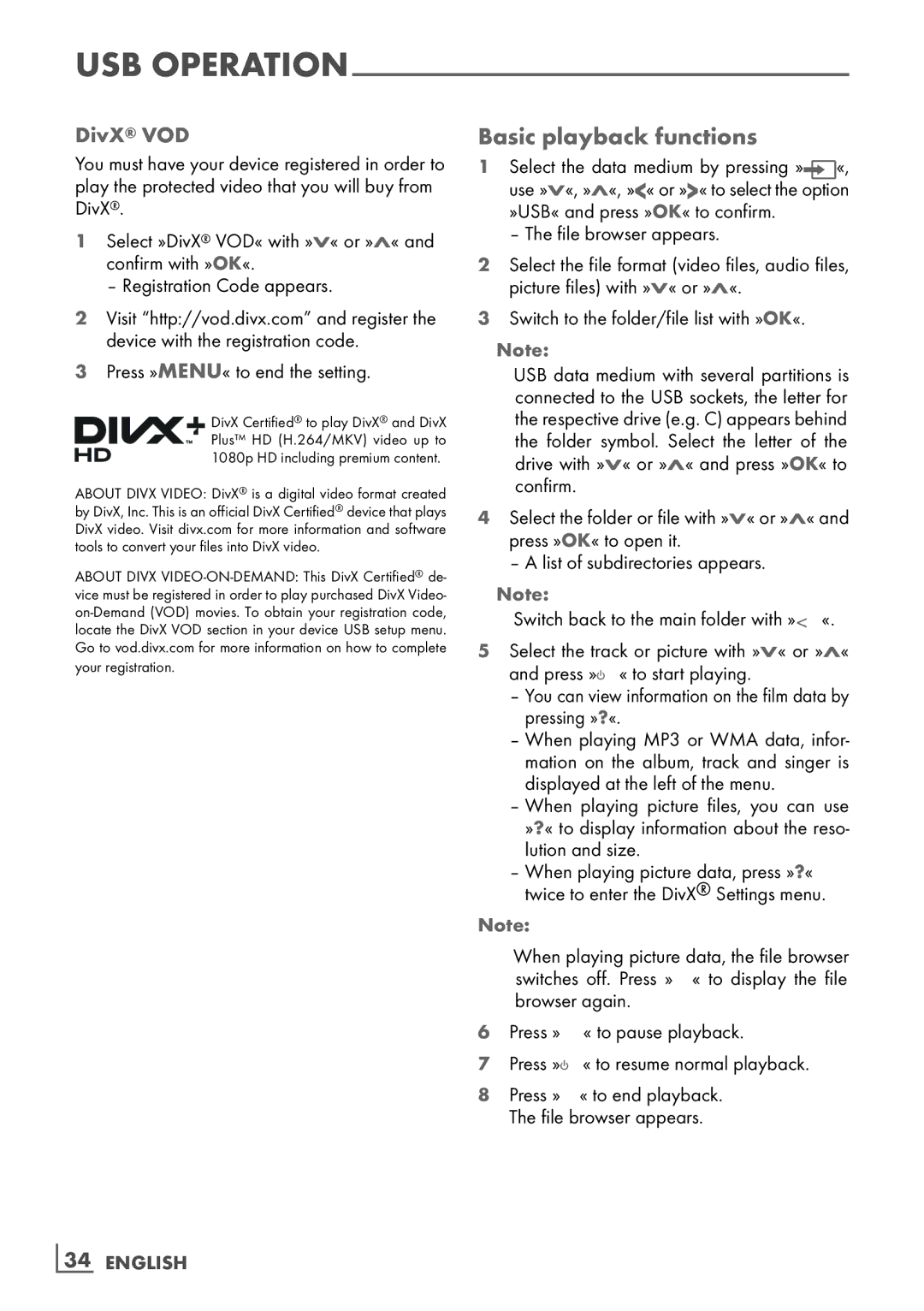 Grundig 32 VLE 6142 C manual Basic playback functions, DivX VOD 