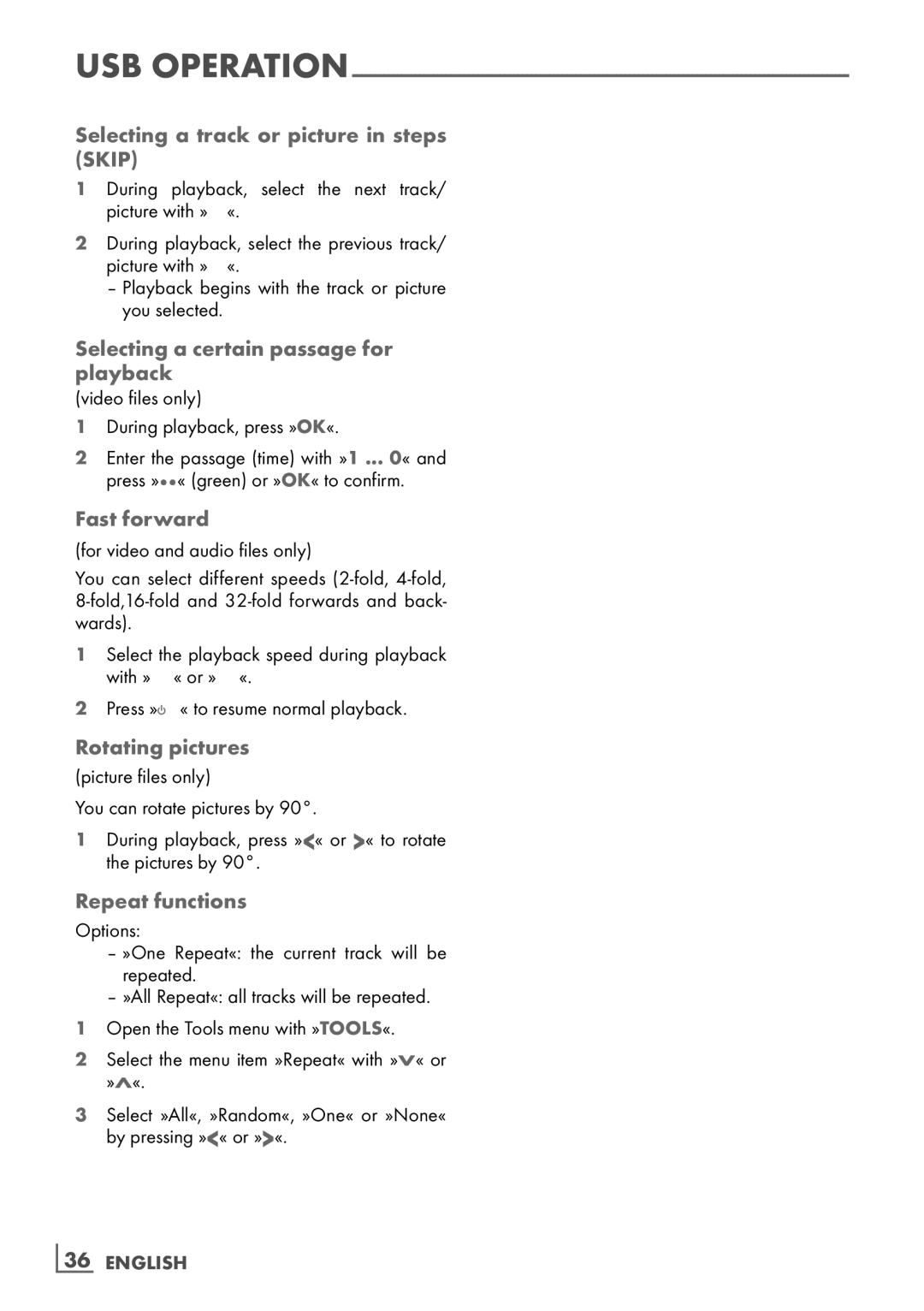 Grundig 32 VLE 6142 C Selecting a track or picture in steps Skip, Selecting a certain passage for­ playback­, Fast forward 