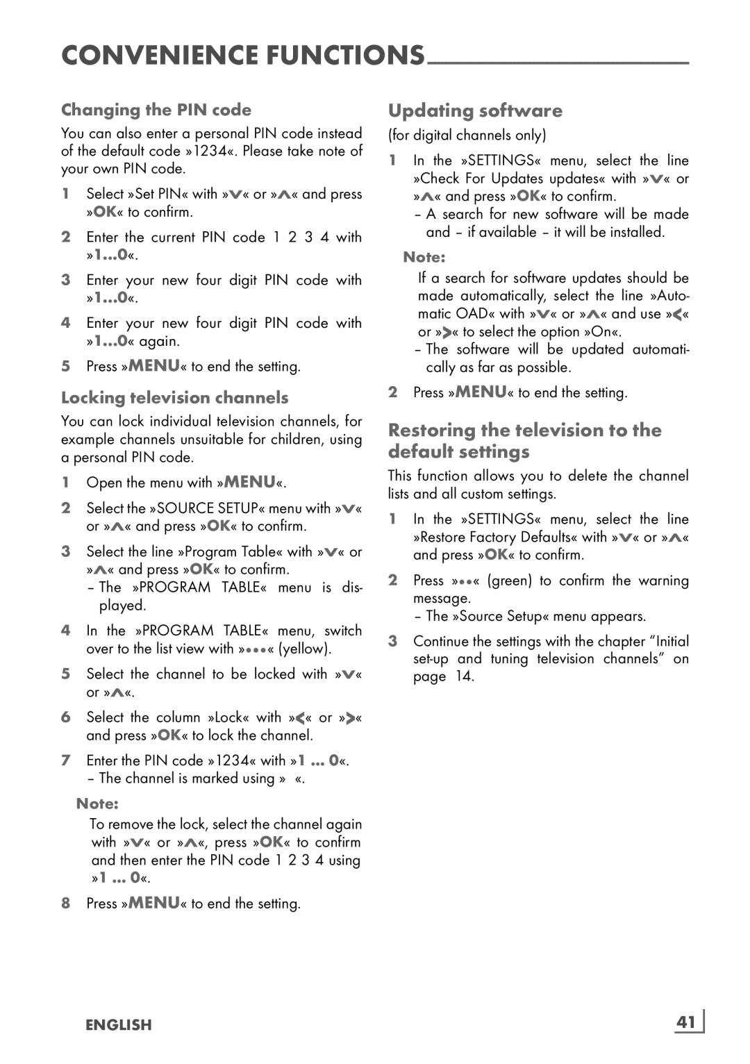 Grundig 32 VLE 6142 C Updating software, Restoring the television to the default settings, Locking television channels 