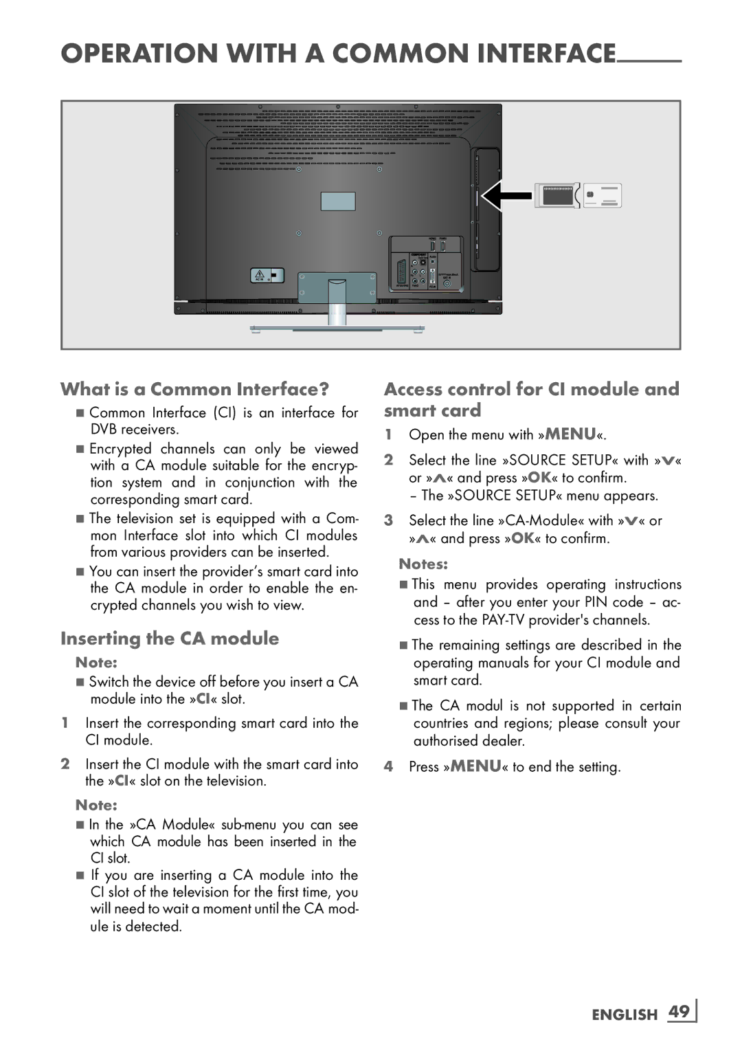 Grundig 32 VLE 6142 C What is a Common Interface?, Inserting the CA module, Access control for CI module and smart card 