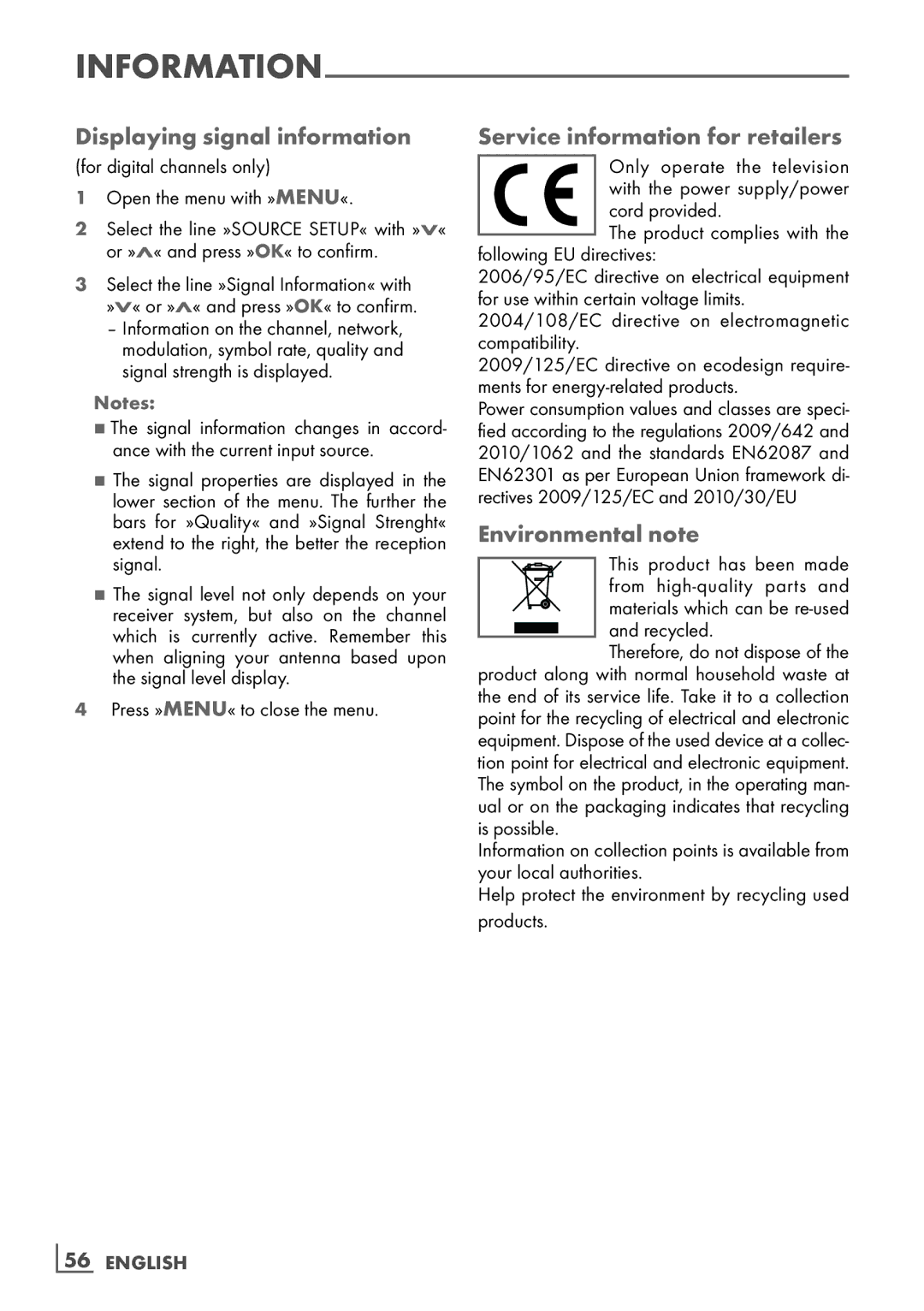 Grundig 32 VLE 6142 C manual Displaying signal information, Service information for retailers, Environmental note 