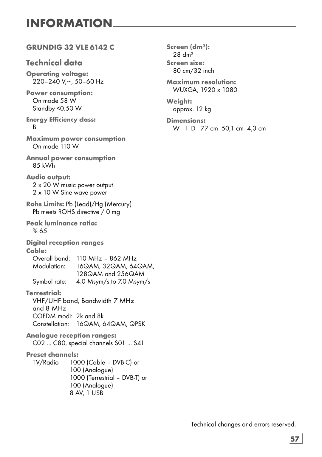 Grundig 32 VLE 6142 C manual Technical data 