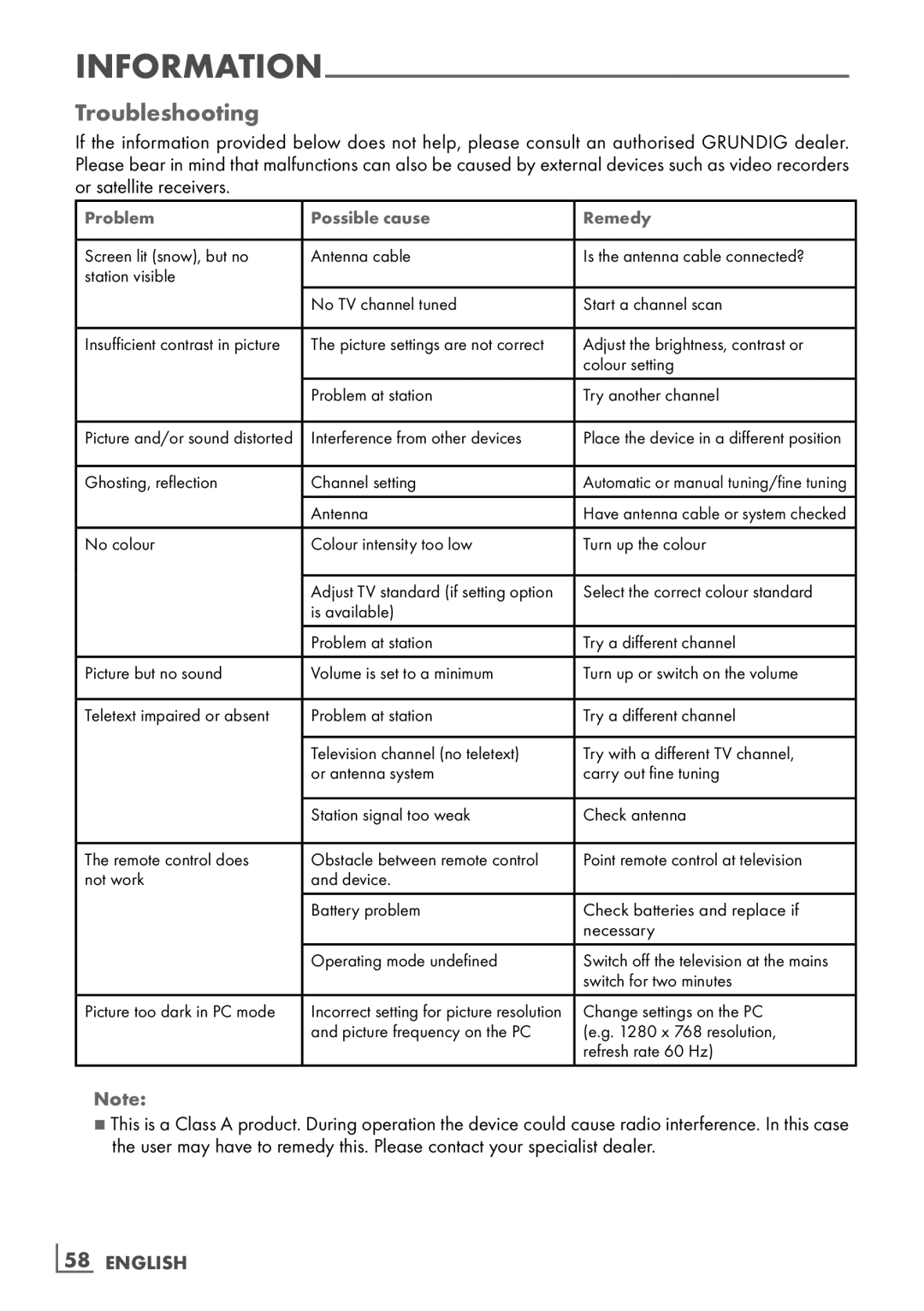 Grundig 32 VLE 6142 C manual Troubleshooting, Problem Possible cause Remedy 