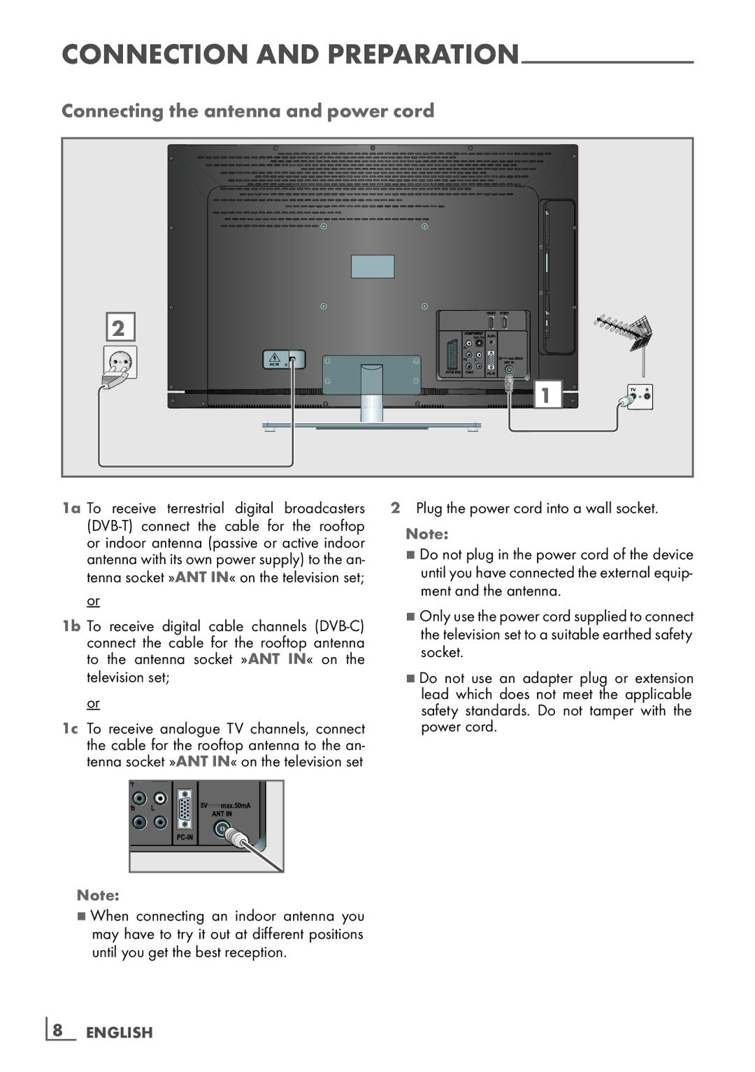 Grundig 32 VLE 6142 C manual Connecting the antenna and power cord, Connection and preparation 