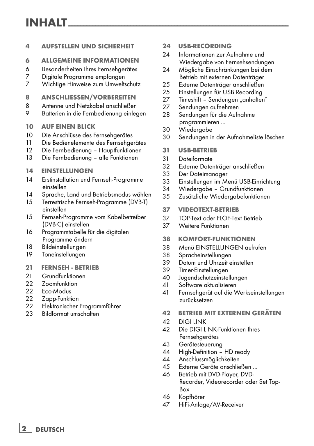 Grundig 32 VLE 6142 C Allgemeine Informationen, AnschlieSSen/Vorbereiten, Auf einen Blick, Einstellungen, Fernseh Betrieb 