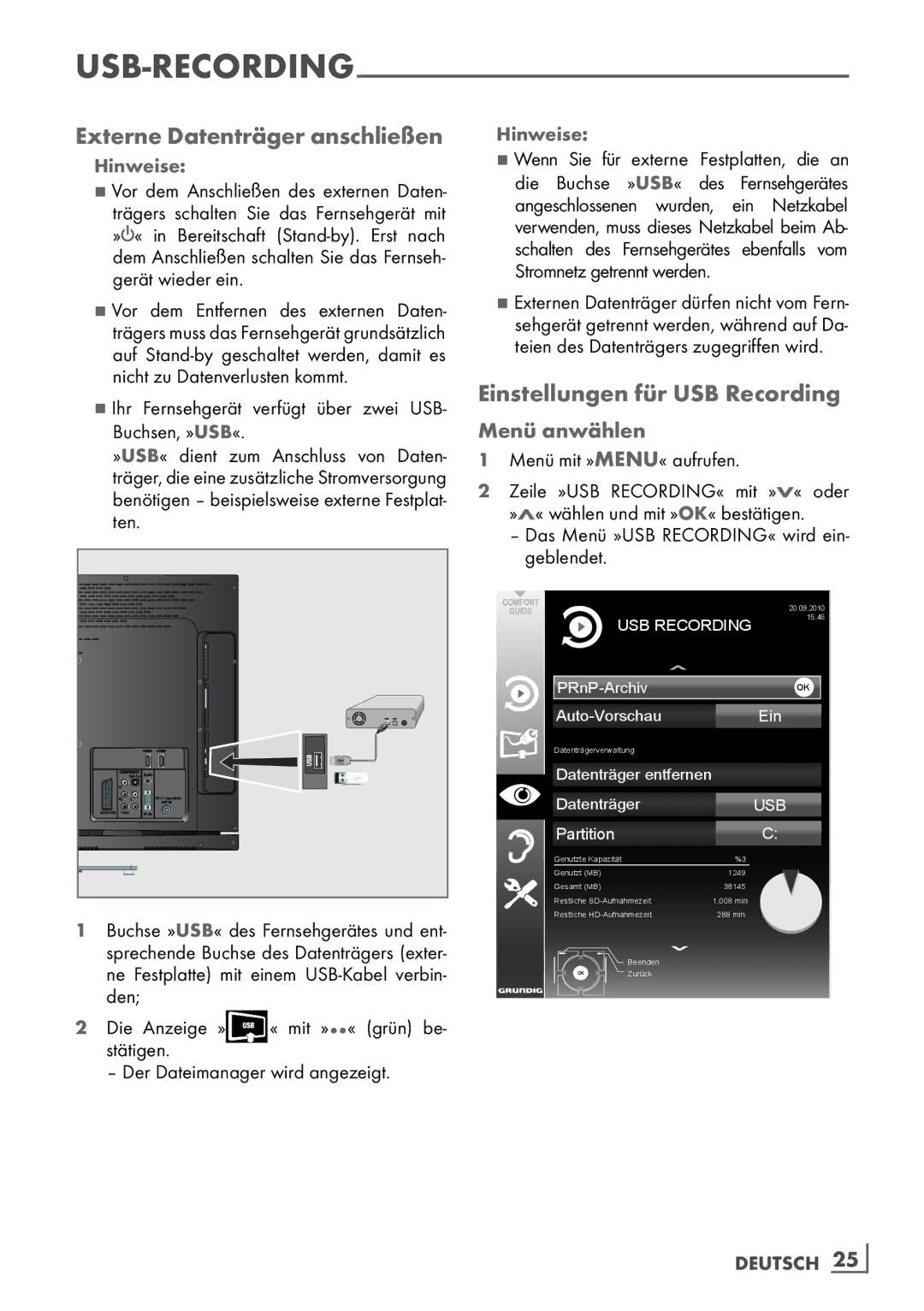 Grundig 32 VLE 6142 C manual Externe Datenträger anschließen, Einstellungen für USB Recording, Menü anwählen 