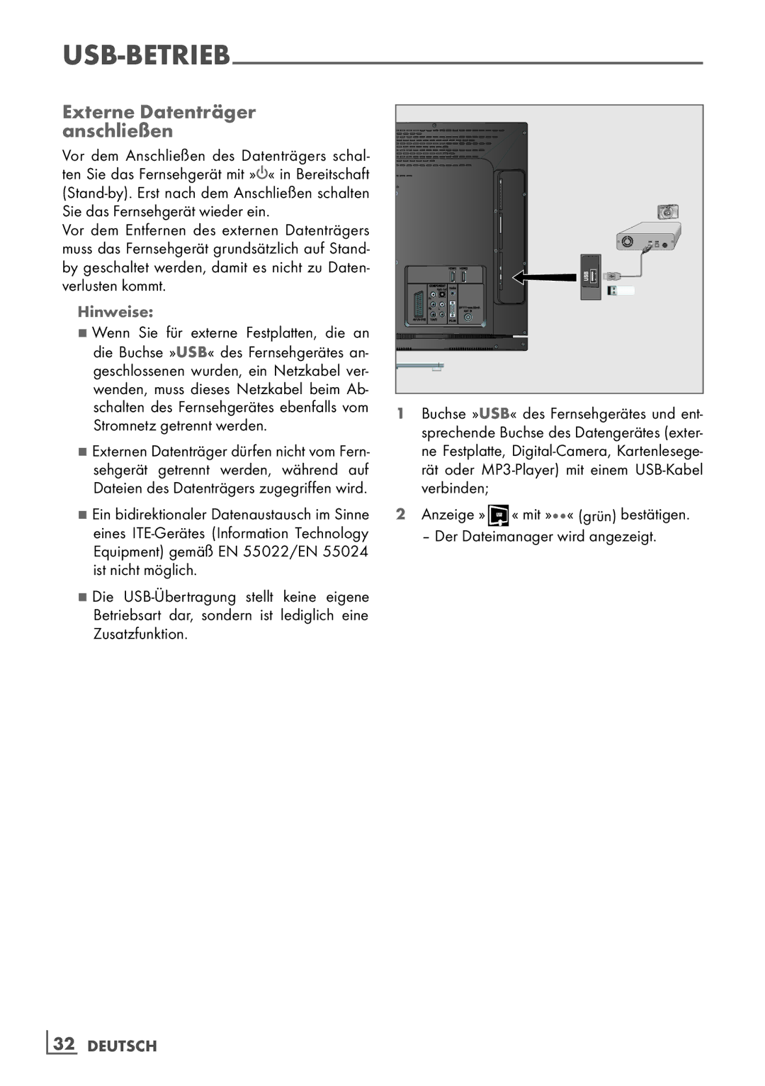 Grundig 32 VLE 6142 C manual Externe Datenträger ­ anschließen, Hinweise 