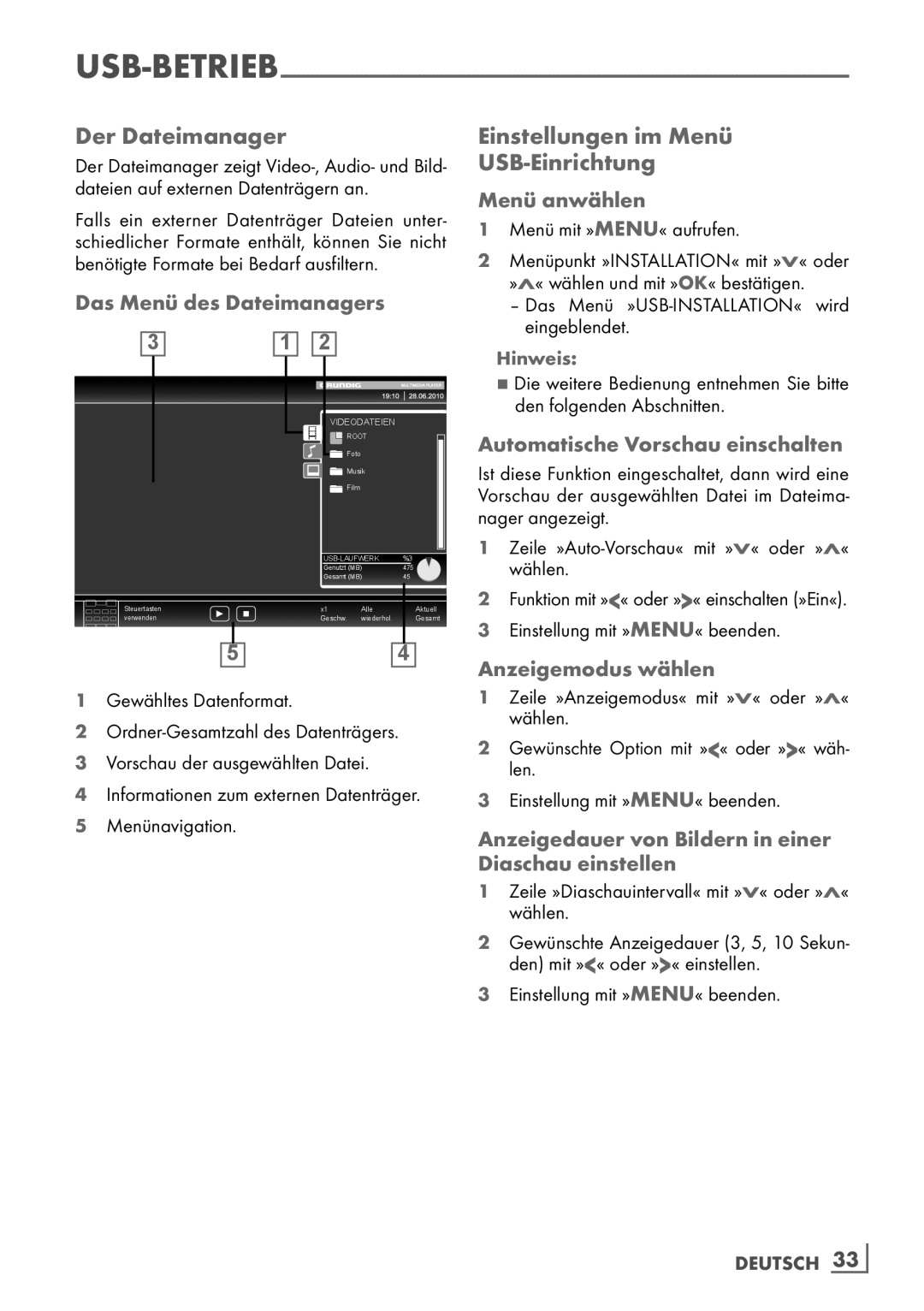 Grundig 32 VLE 6142 C manual Der Dateimanager, Einstellungen im Menü ­ USB-Einrichtung, Das Menü des Dateimanagers 