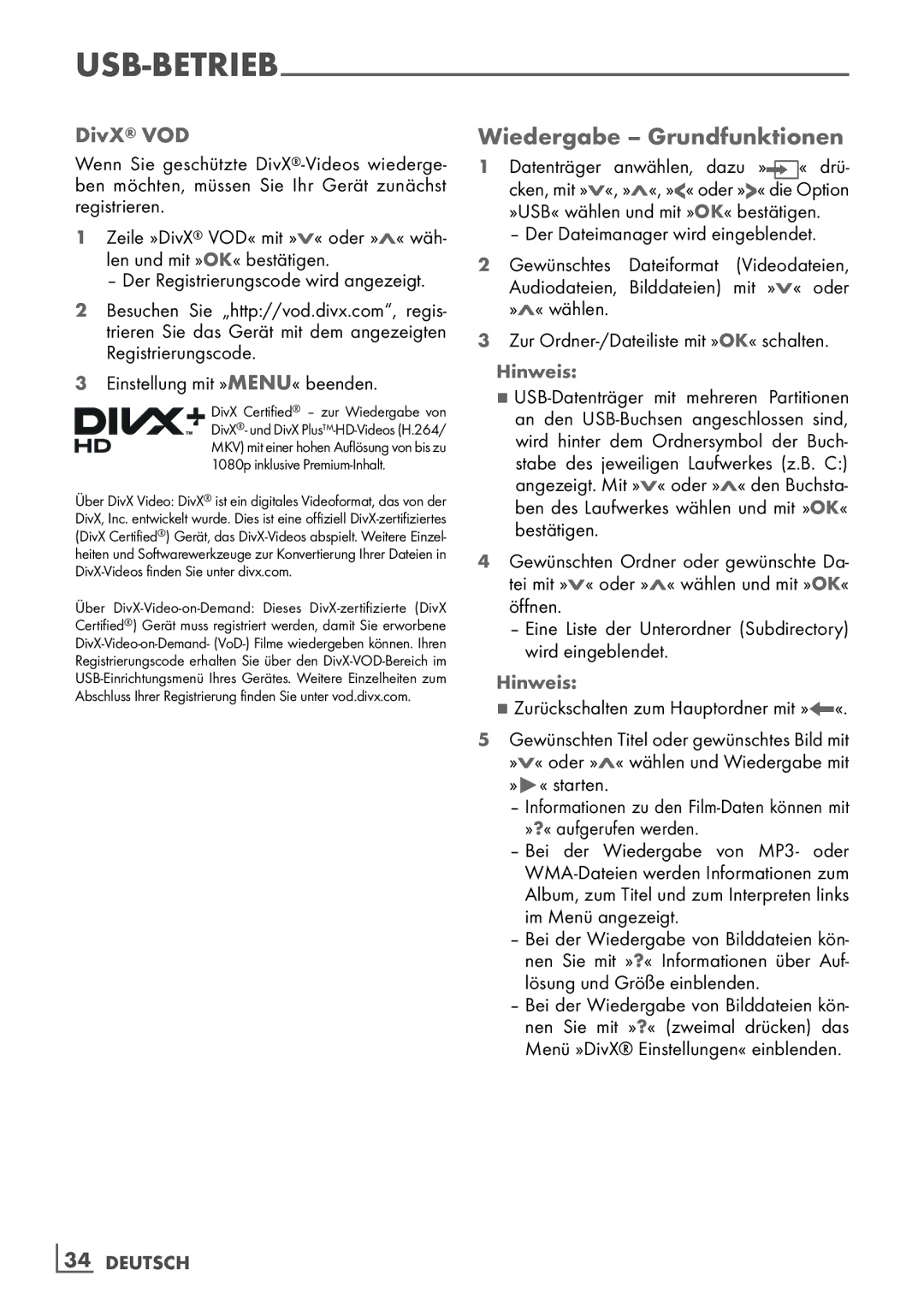 Grundig 32 VLE 6142 C manual Wiedergabe Grundfunktionen, DivX VOD 