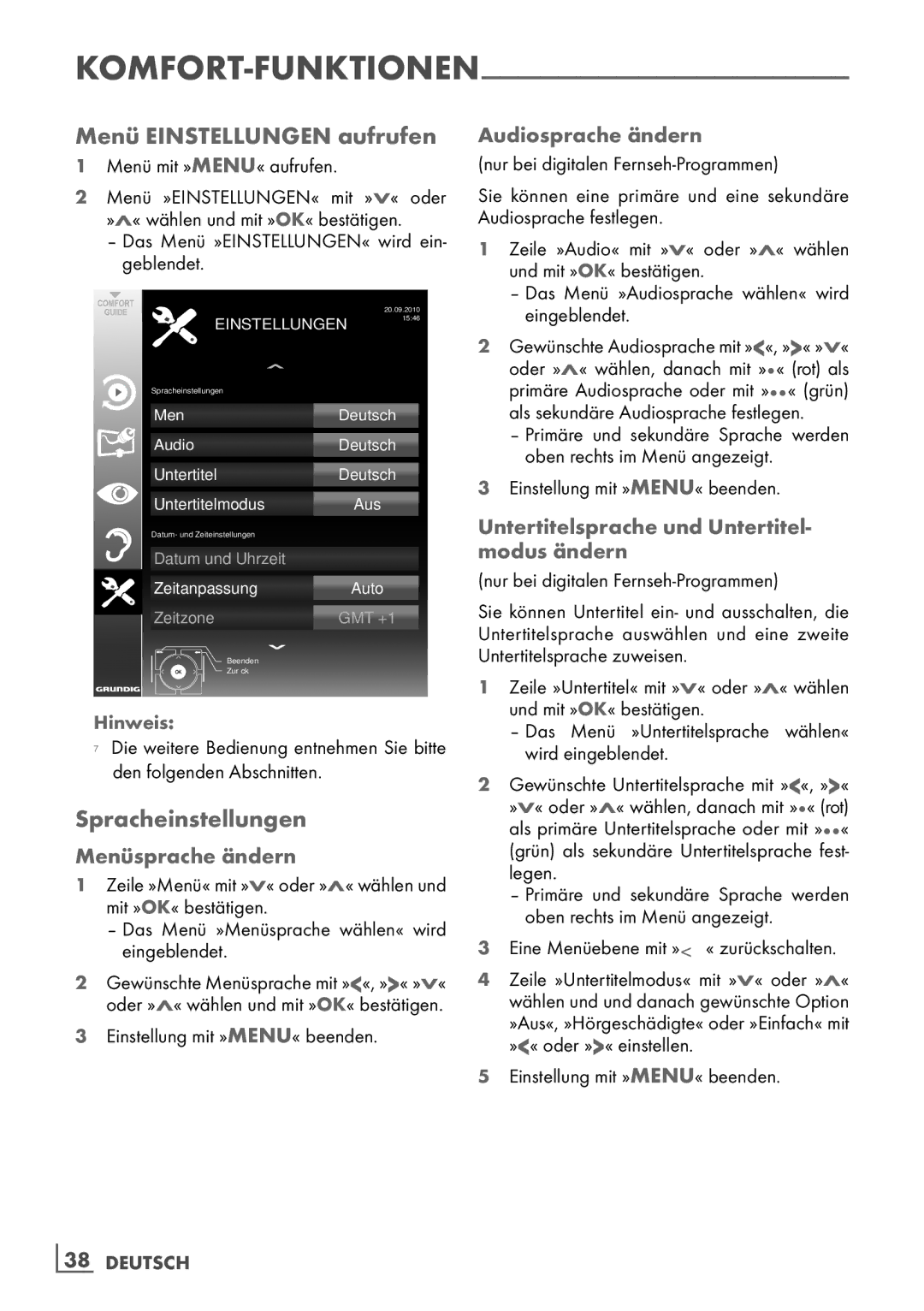 Grundig 32 VLE 6142 C manual Menü Einstellungen aufrufen, Spracheinstellungen 