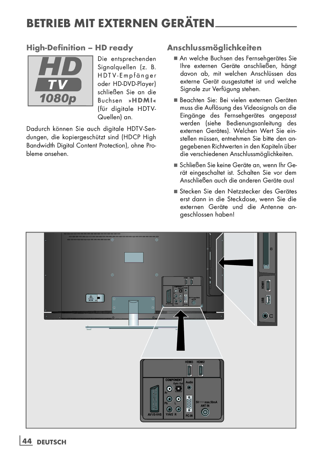 Grundig 32 VLE 6142 C manual High-Definition HD ready Anschlussmöglichkeiten, Buchsen »HDMI« für digitale HDTV- Quellen an 