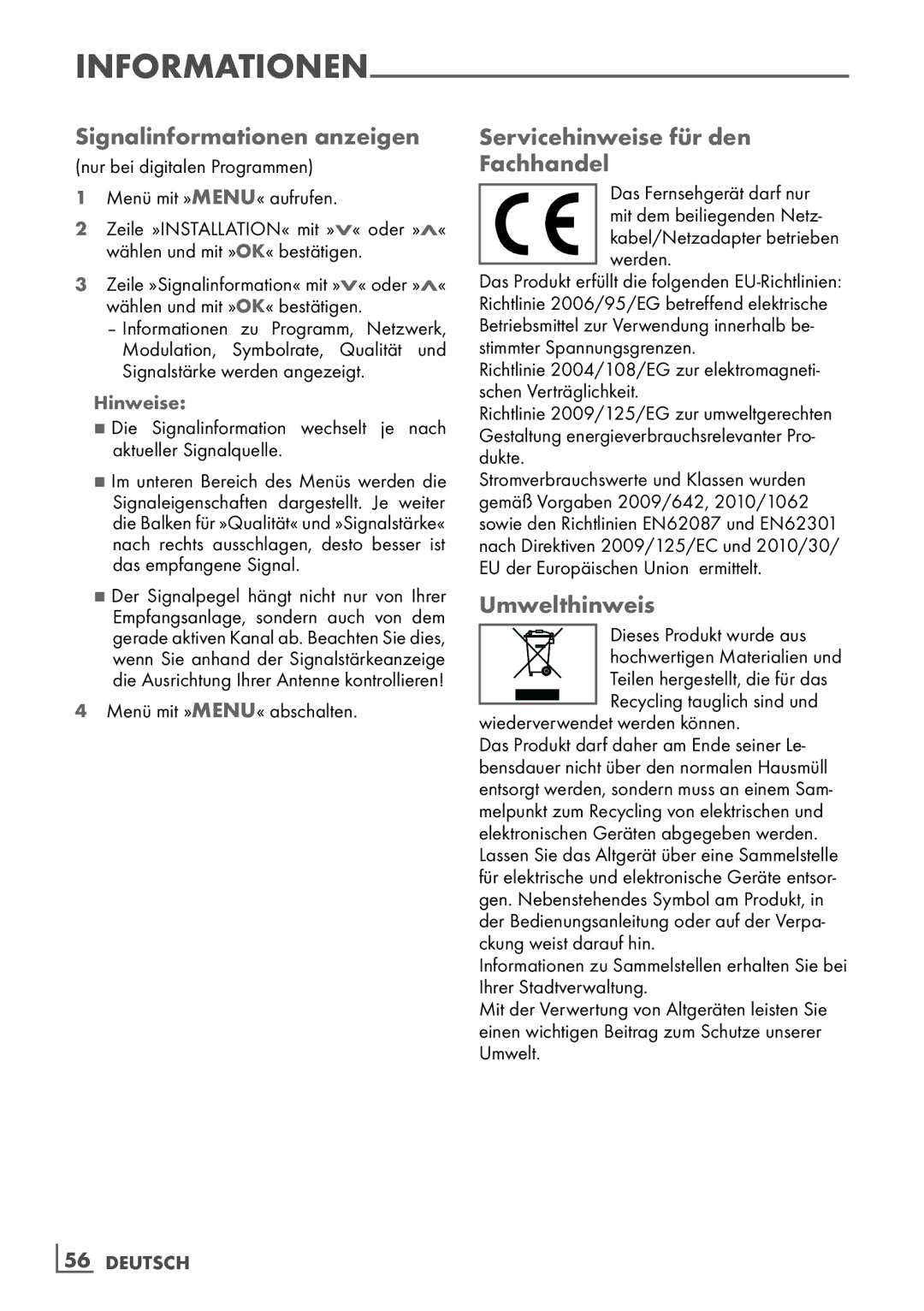 Grundig 32 VLE 6142 C manual Signalinformationen anzeigen, Servicehinweise für den Fachhandel­, Umwelthinweis 