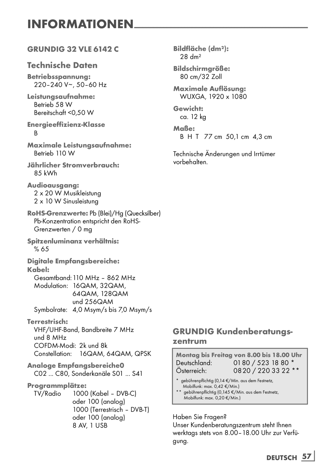 Grundig 32 VLE 6142 C manual Technische Daten, Grundig Kundenberatungs-­ zentrum 