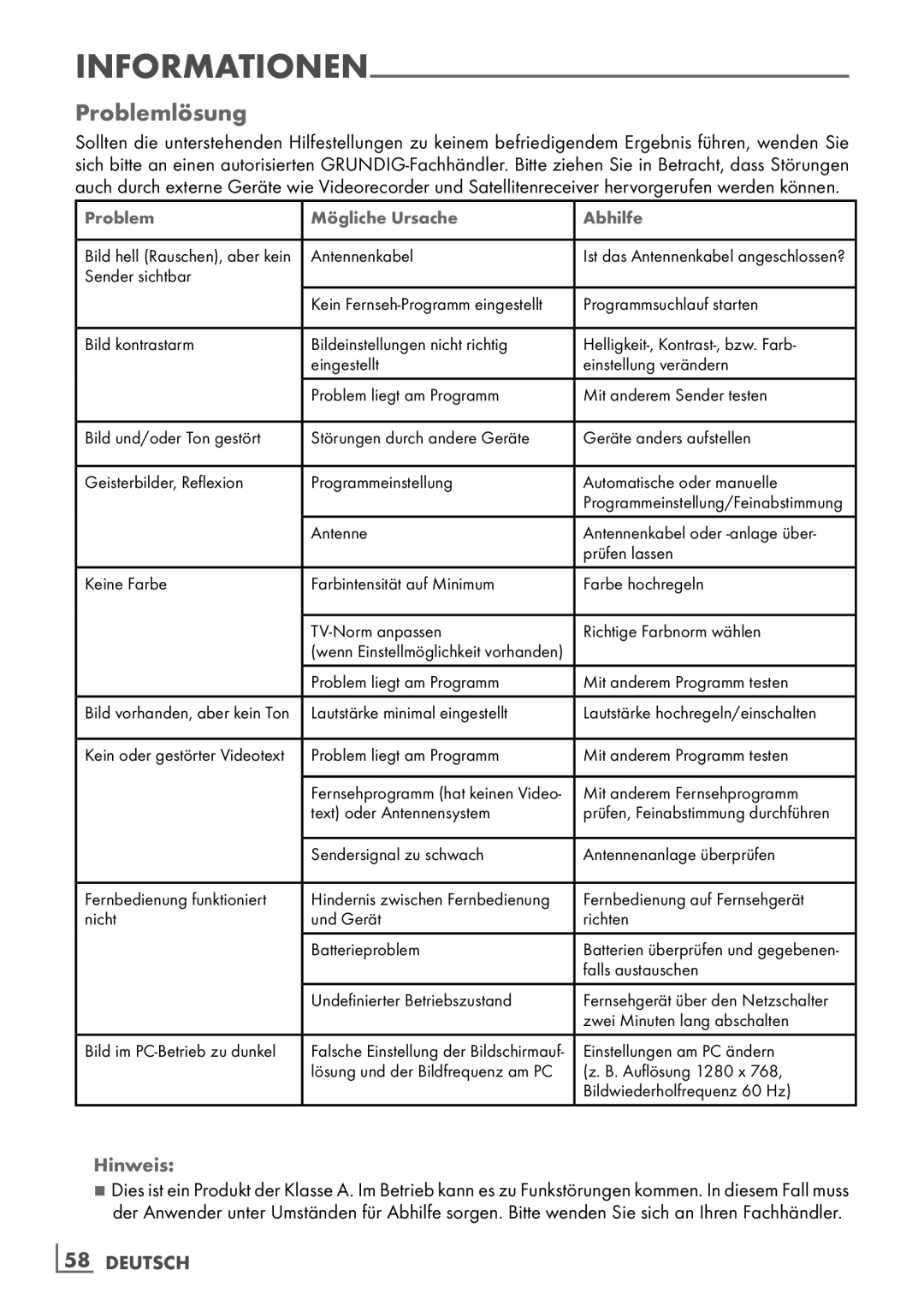 Grundig 32 VLE 6142 C manual Problemlösung, Problem Mögliche Ursache Abhilfe 