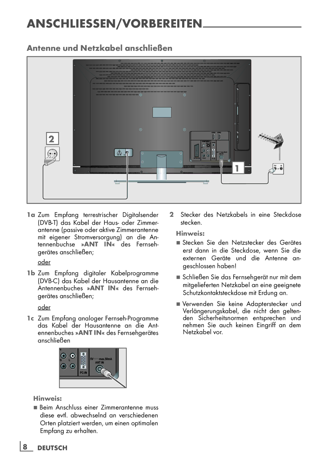 Grundig 32 VLE 6142 C manual Antenne und Netzkabel anschließen, AnschlieSSen/Vorbereiten, 1a Zum, Hinweis 