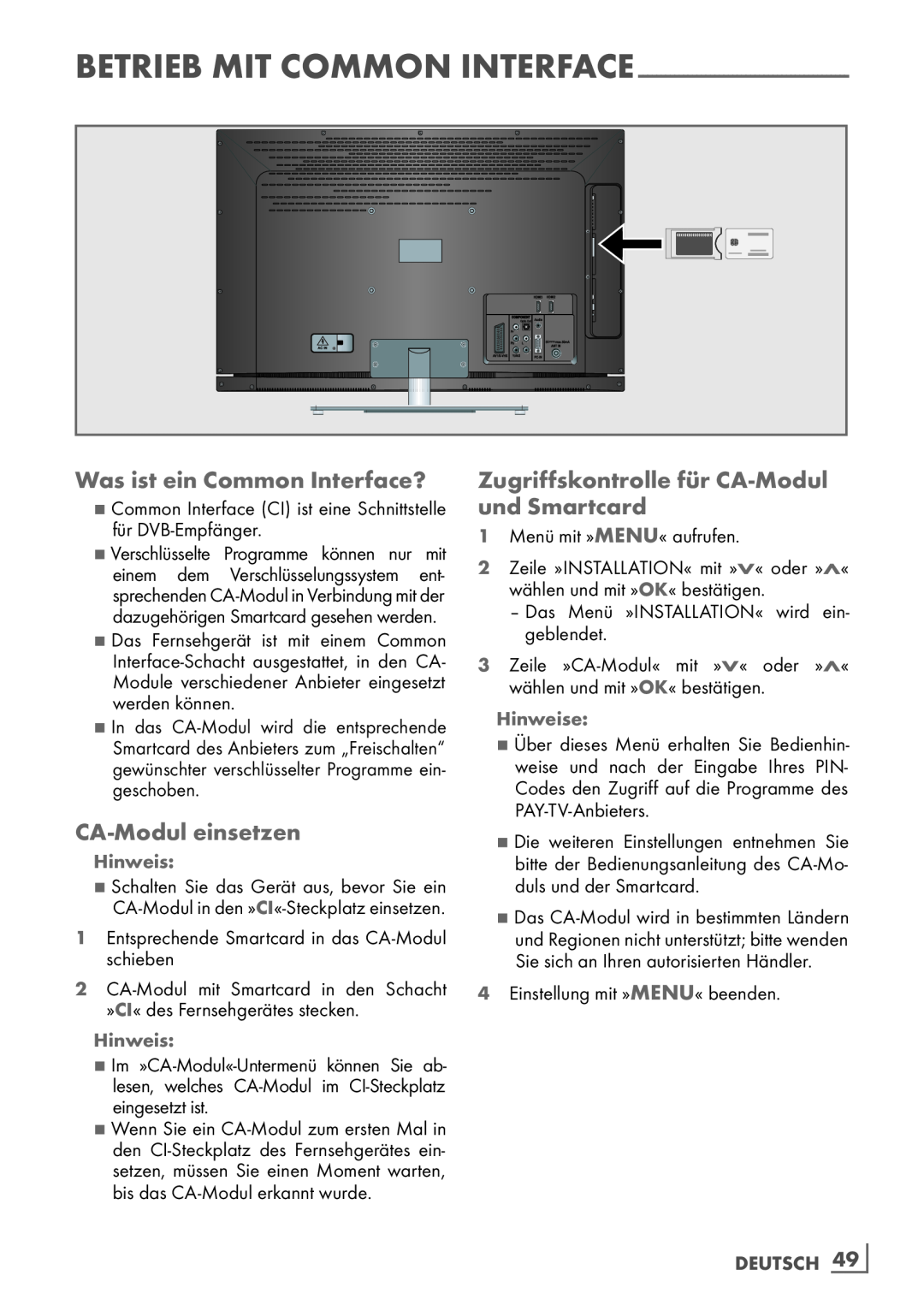 Grundig 32 VLE 6142 C Was ist ein Common Interface?, CA-Modul einsetzen, Zugriffskontrolle für CA-Modul und Smartcard 