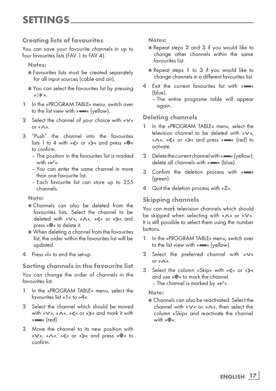 Grundig 32 VLE 7131 BF manual Creating lists of favourites, Sorting channels in the favourite list, Deleting channels 