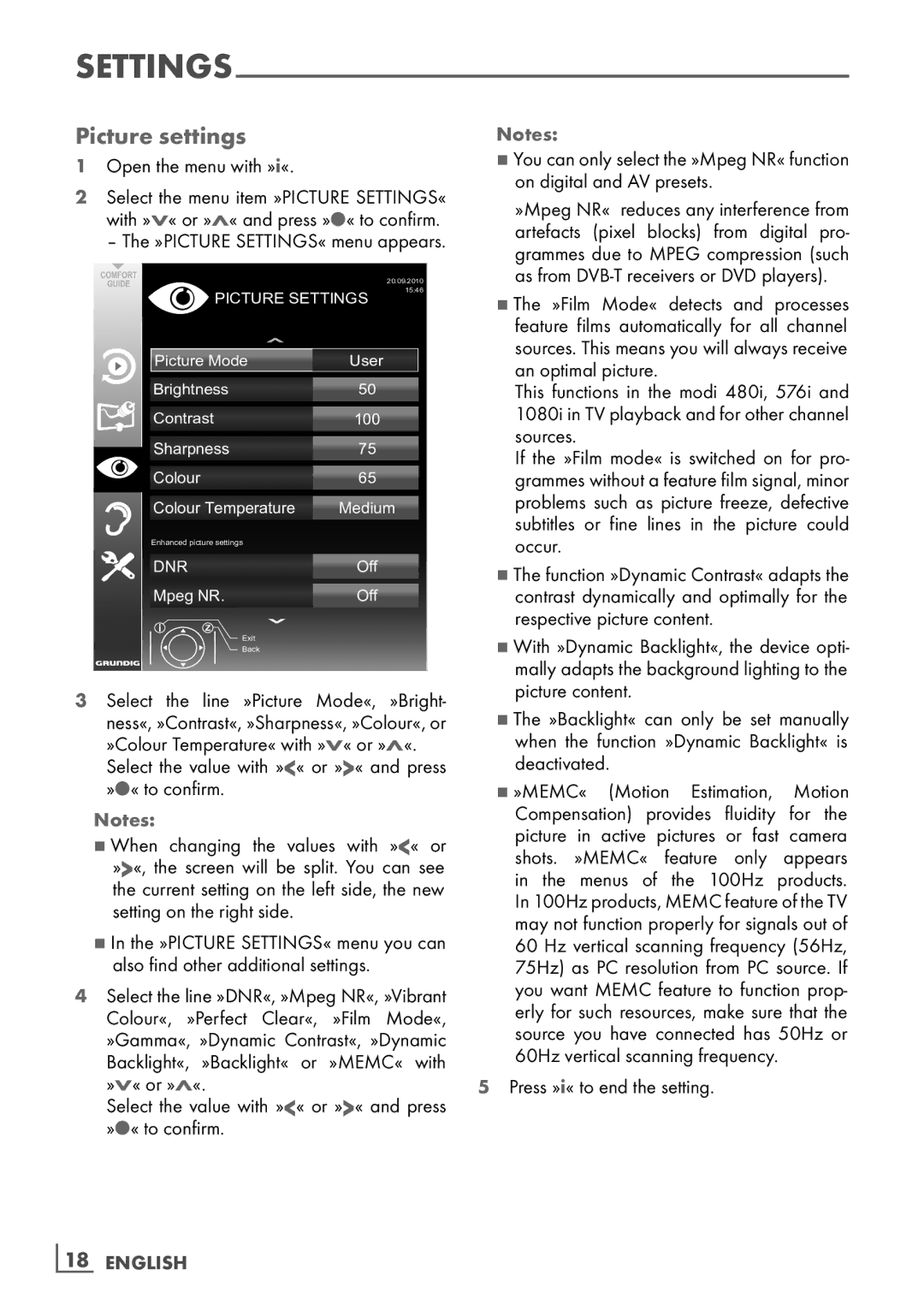 Grundig 32 VLE 7131 BF manual Picture settings, Setting­ on the right side 