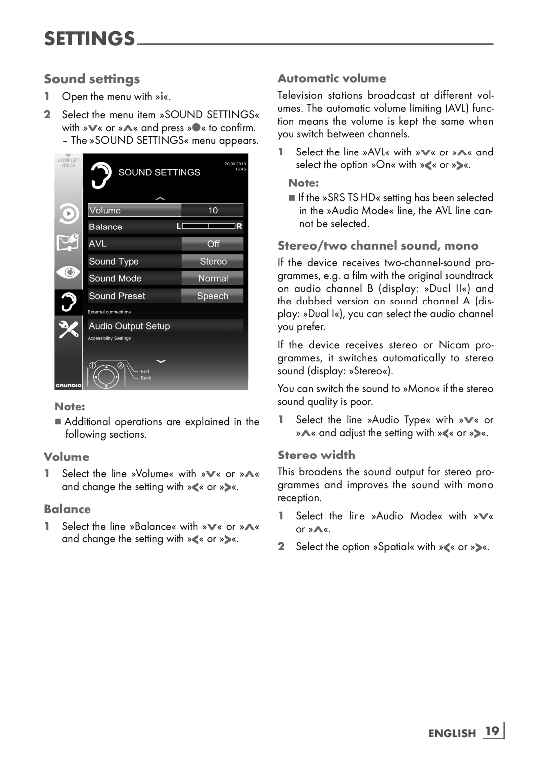 Grundig 32 VLE 7131 BF manual Sound settings 