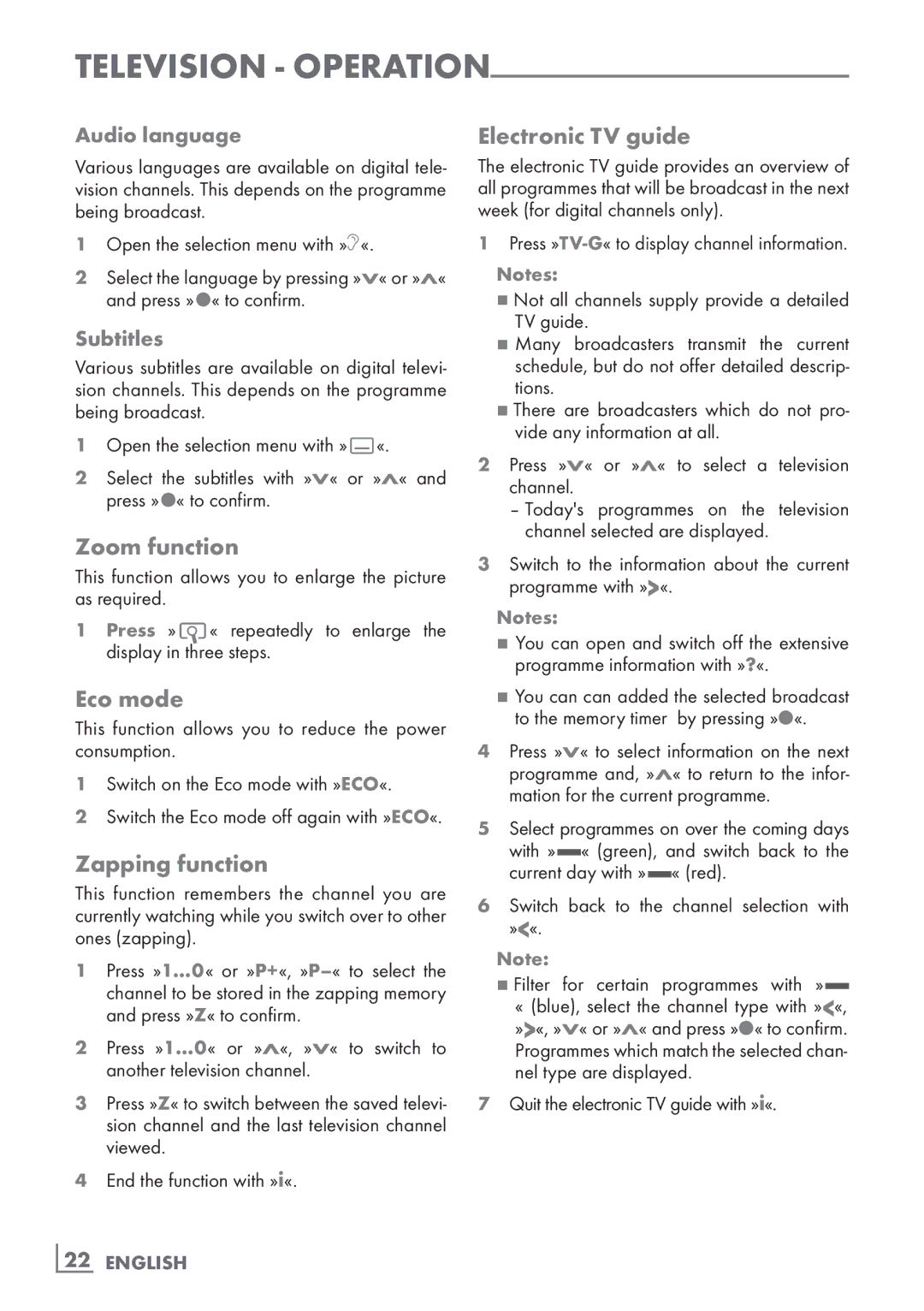 Grundig 32 VLE 7131 BF manual Zoom function, Eco mode, Zapping function, Electronic TV guide 