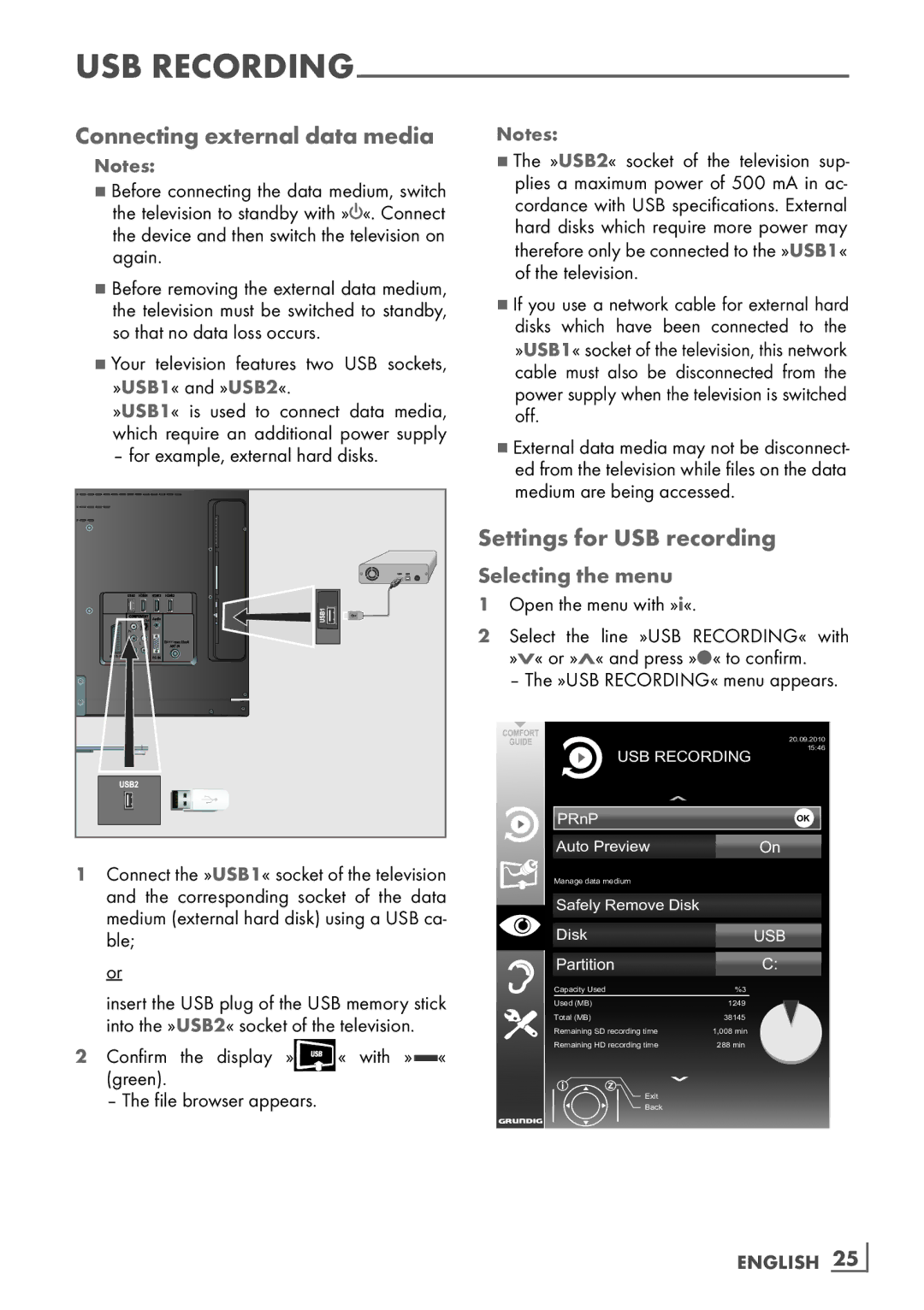 Grundig 32 VLE 7131 BF manual Connecting external data media, Settings for USB recording, Selecting the menu 