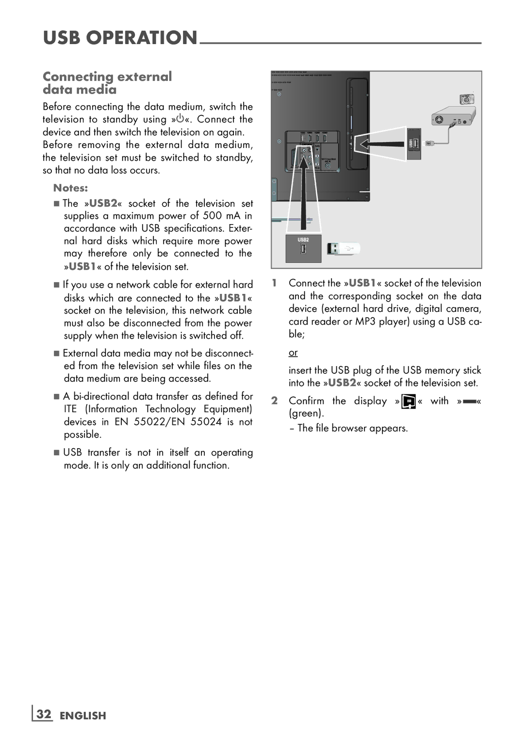 Grundig 32 VLE 7131 BF manual Connecting external ­ data media, »USB2« socket of the television set 