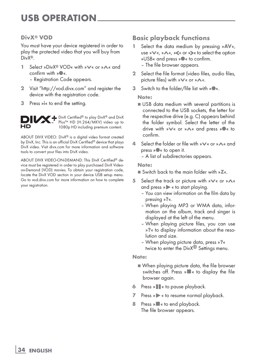 Grundig 32 VLE 7131 BF manual Basic playback functions, DivX VOD 