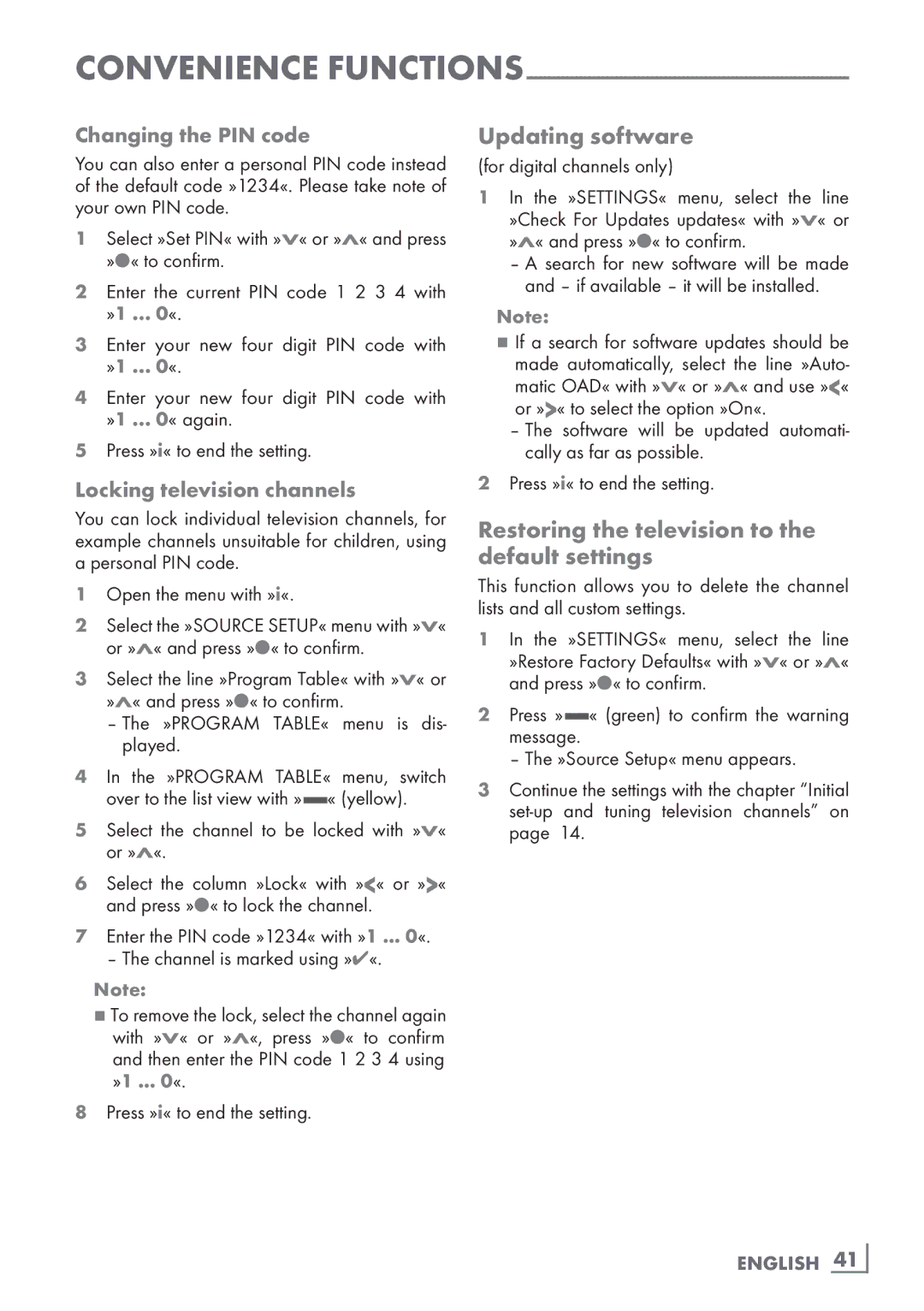 Grundig 32 VLE 7131 BF manual Updating software, Restoring the television to the default settings, Changing the PIN code 