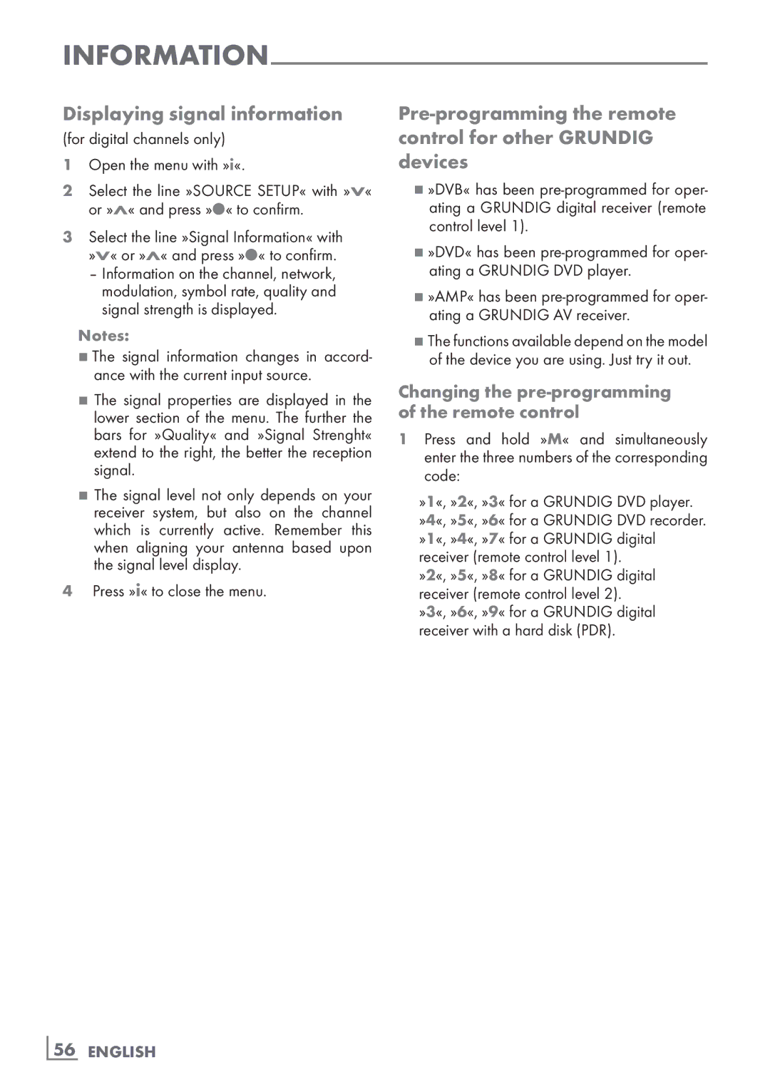 Grundig 32 VLE 7131 BF manual Displaying signal information, Changing the pre-programming ­ of the remote control 