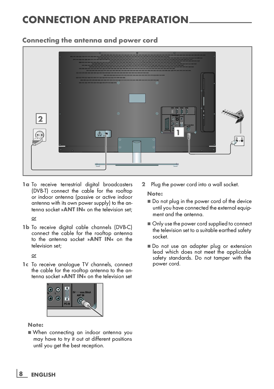 Grundig 32 VLE 7131 BF manual Connecting the antenna and power cord, Plug the power cord into a wall socket 