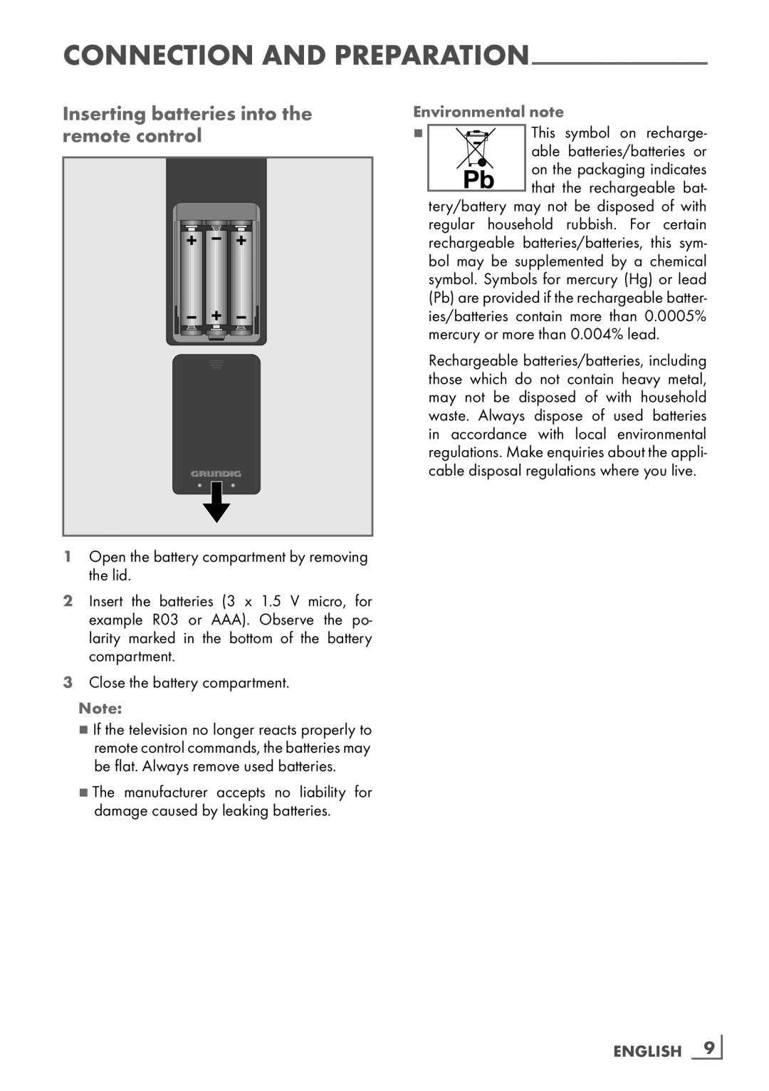 Grundig 32 VLE 7131 BF manual Inserting batteries into, Remote­ Control 