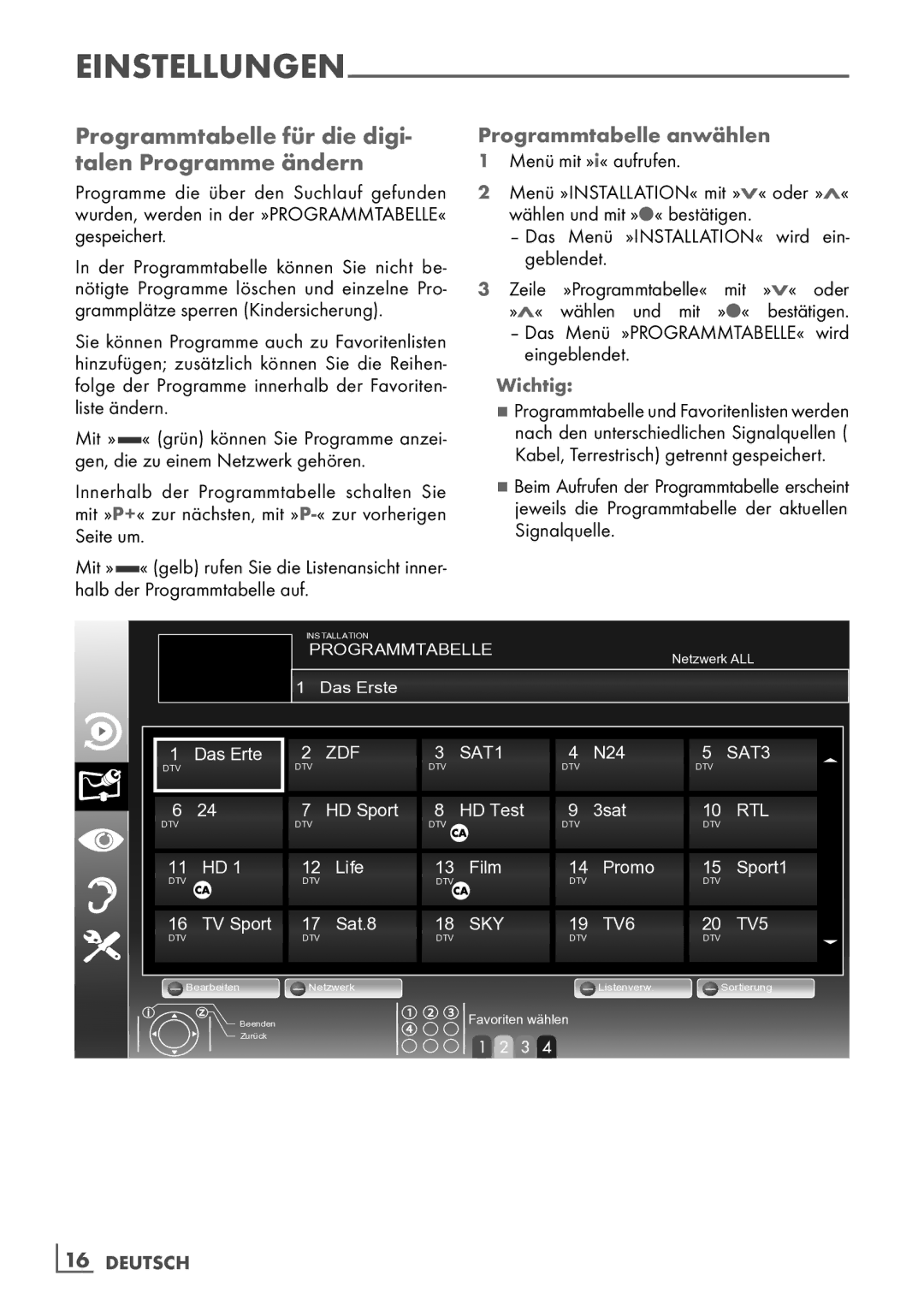 Grundig 32 VLE 7140 C manual Programmtabelle für die digi­ talen Programme ändern, Programmtabelle anwählen, Wichtig 