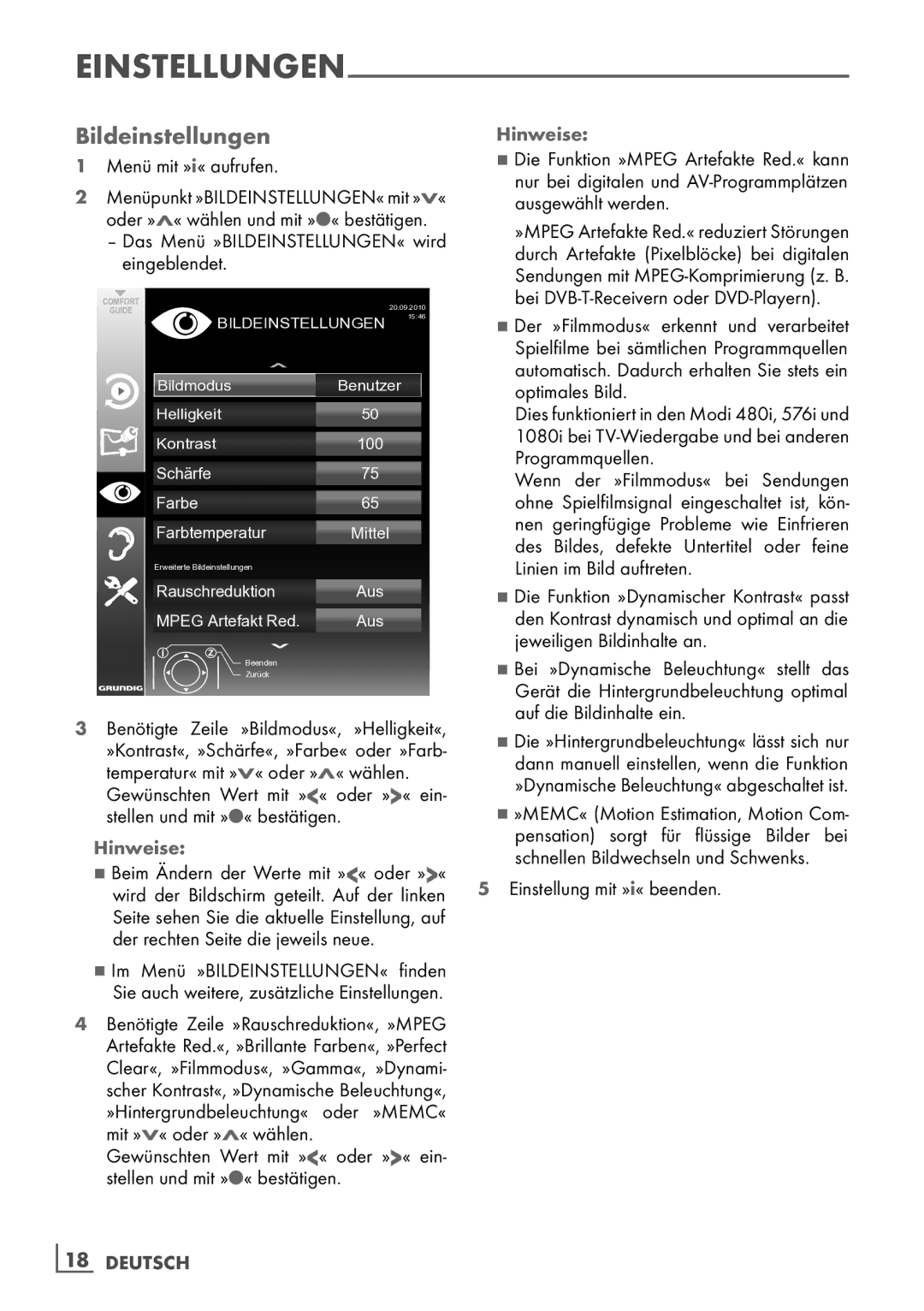 Grundig 32 VLE 7140 C manual Bildeinstellungen, Menü mit »i« aufrufen, Linien­ im Bild auftreten 